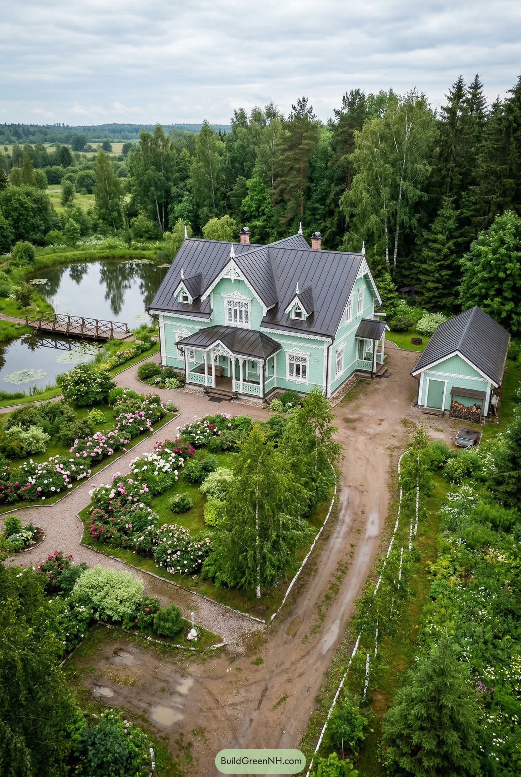 Mint green carved dacha beside a pond and flower garden
