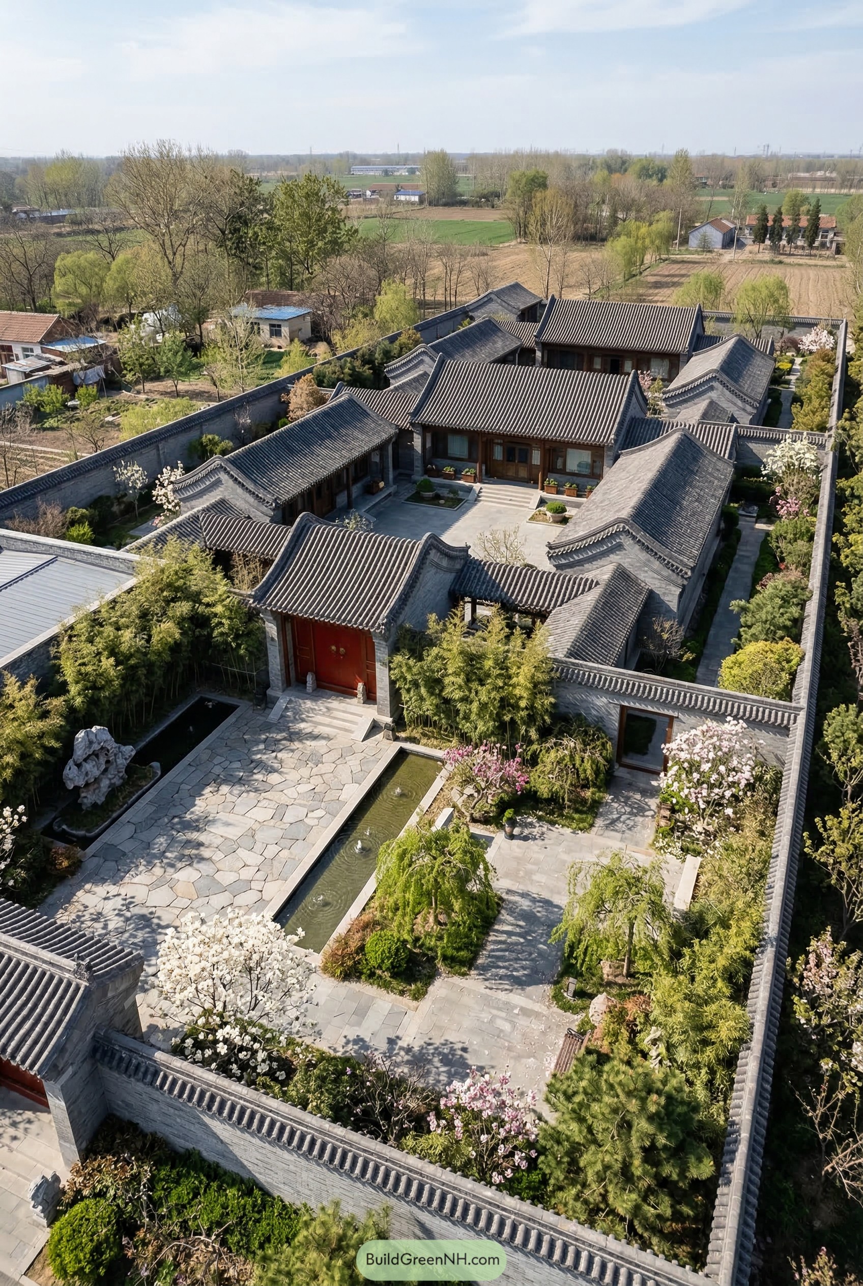 Aerial view of a walled siheyuan with grey tiled roofs and garden courts