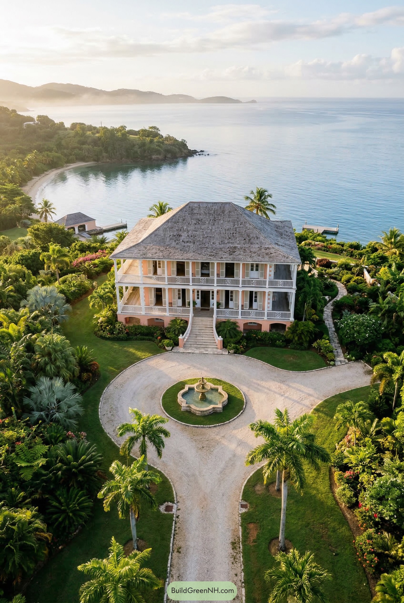 Caribbean great house above a curved bay