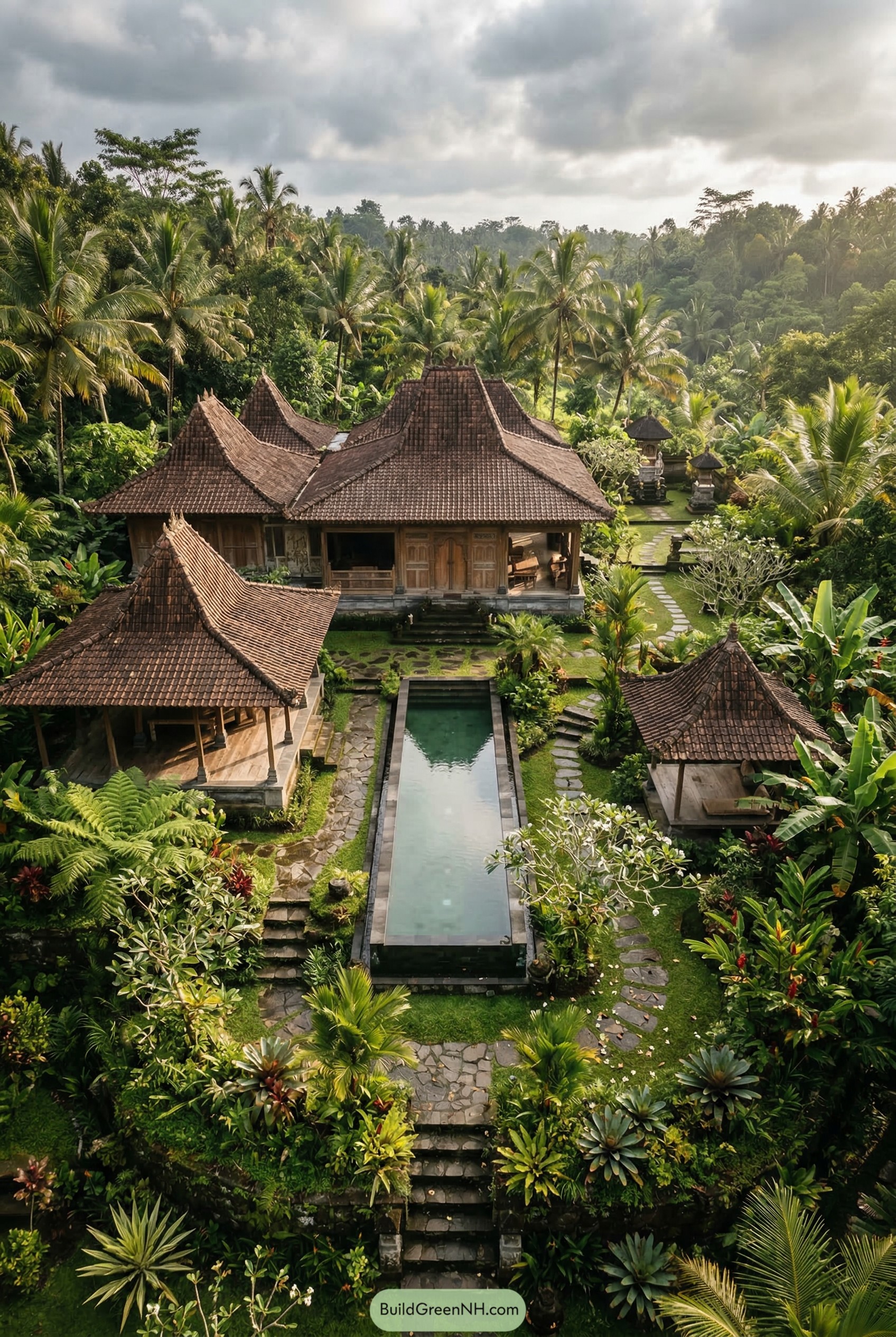 Traditional Balinese compound with tiled pavilions and a long pool in tropical gardens
