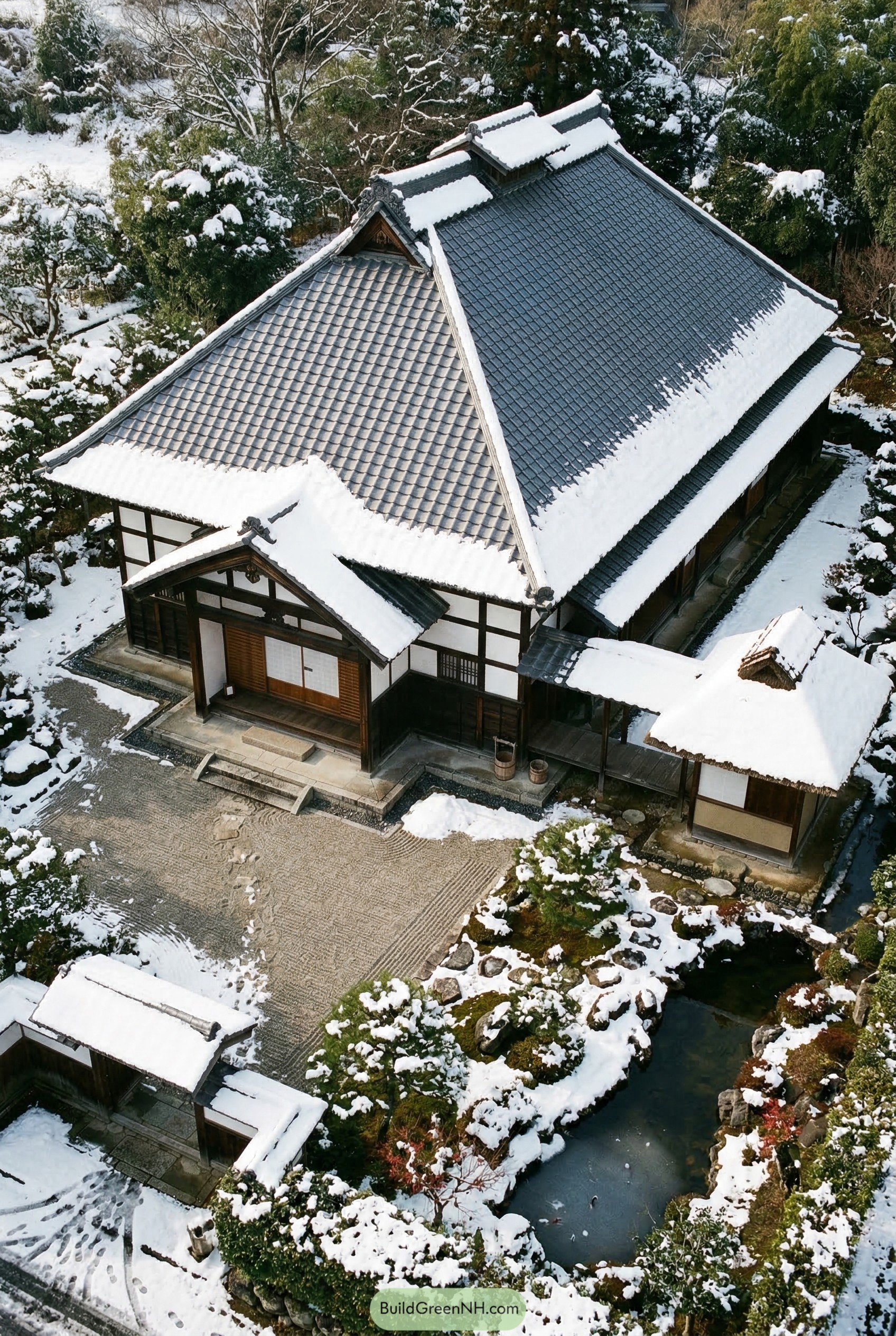 Snow-covered traditional Japanese house beside a pond