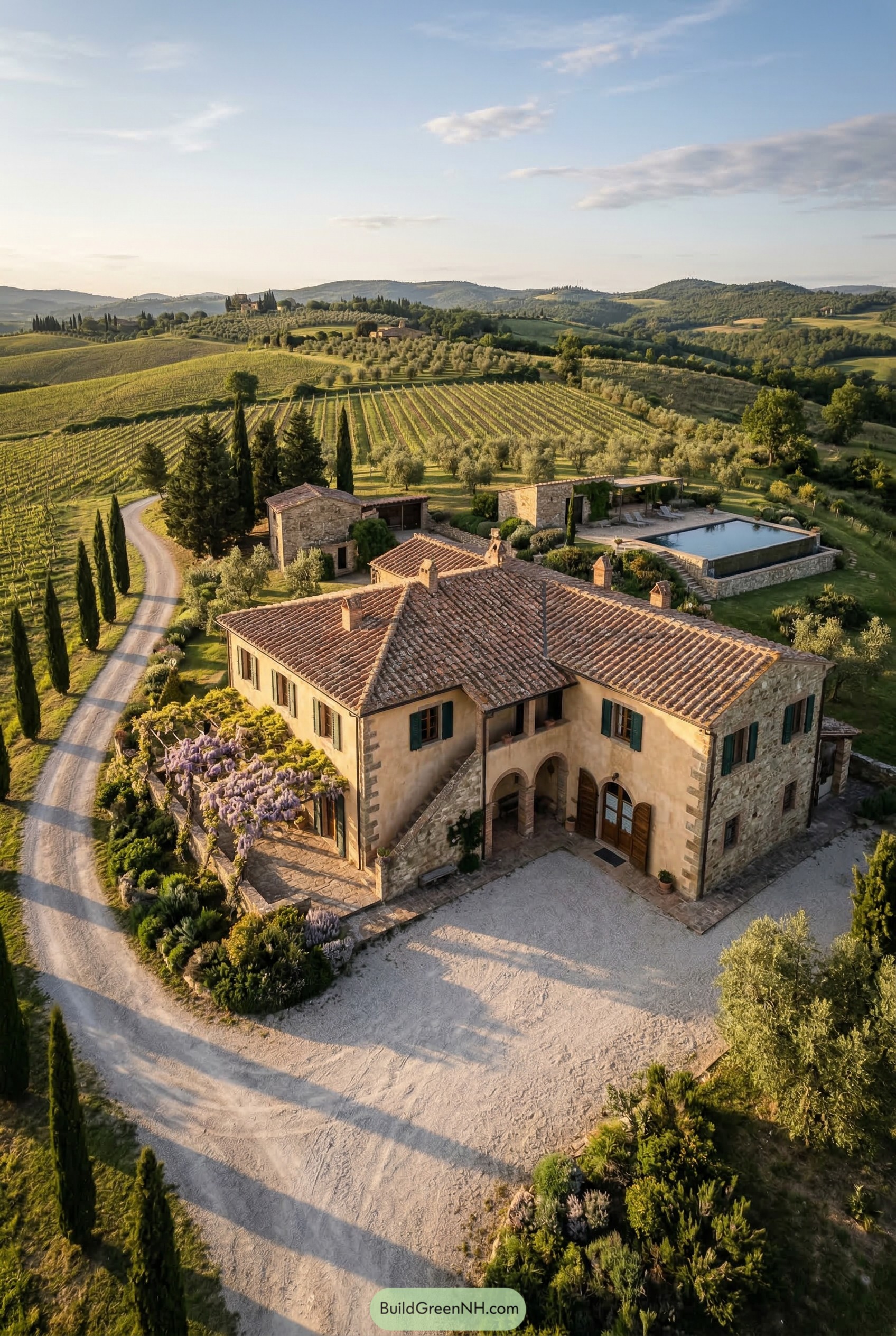 Tuscan villa with cypress drive and pool
