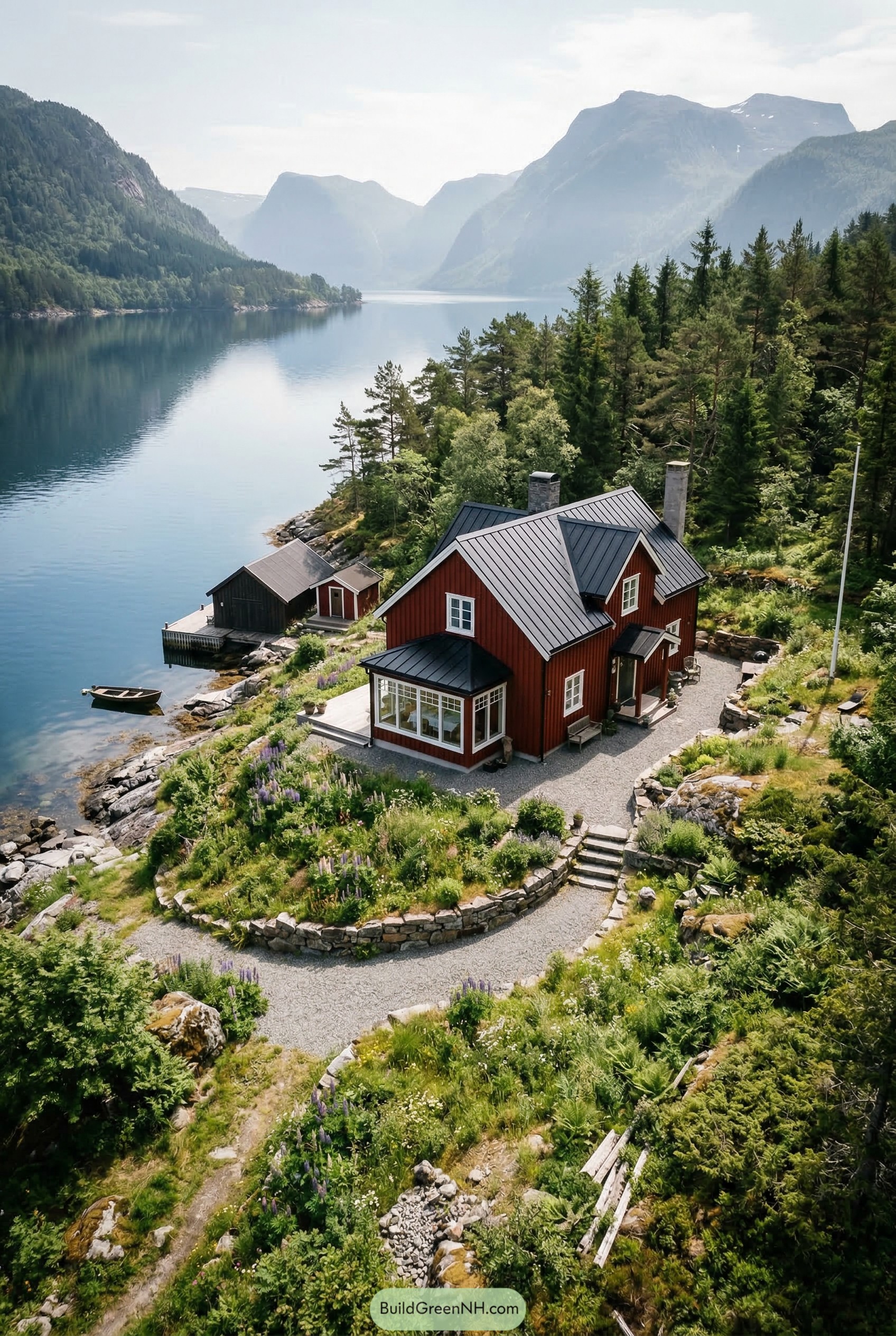 Red timber house by a fjord with boathouse