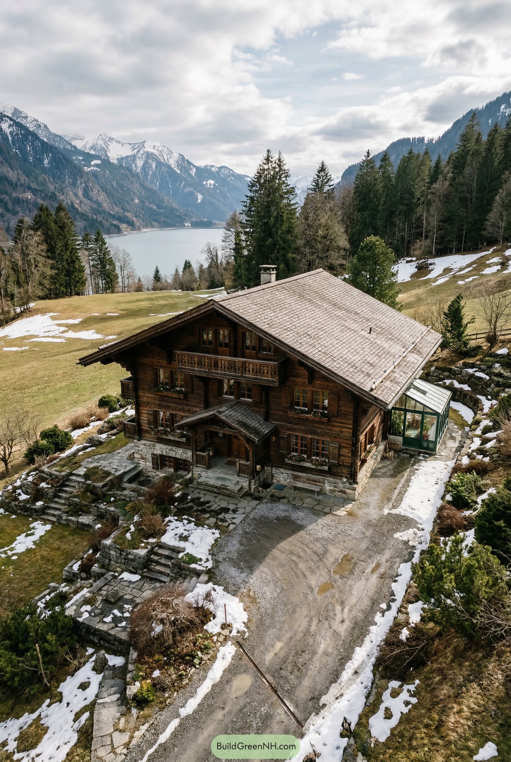 Swiss chalet above a mountain lake
