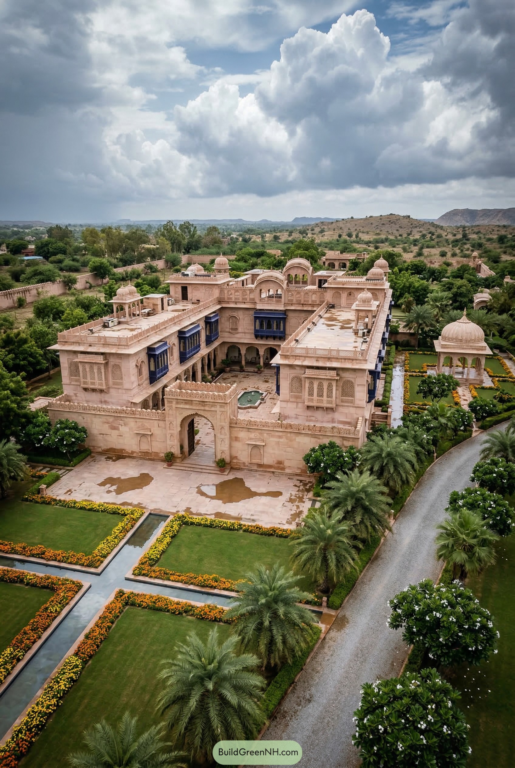 Aerial view of a sandstone haveli with courtyard gardens