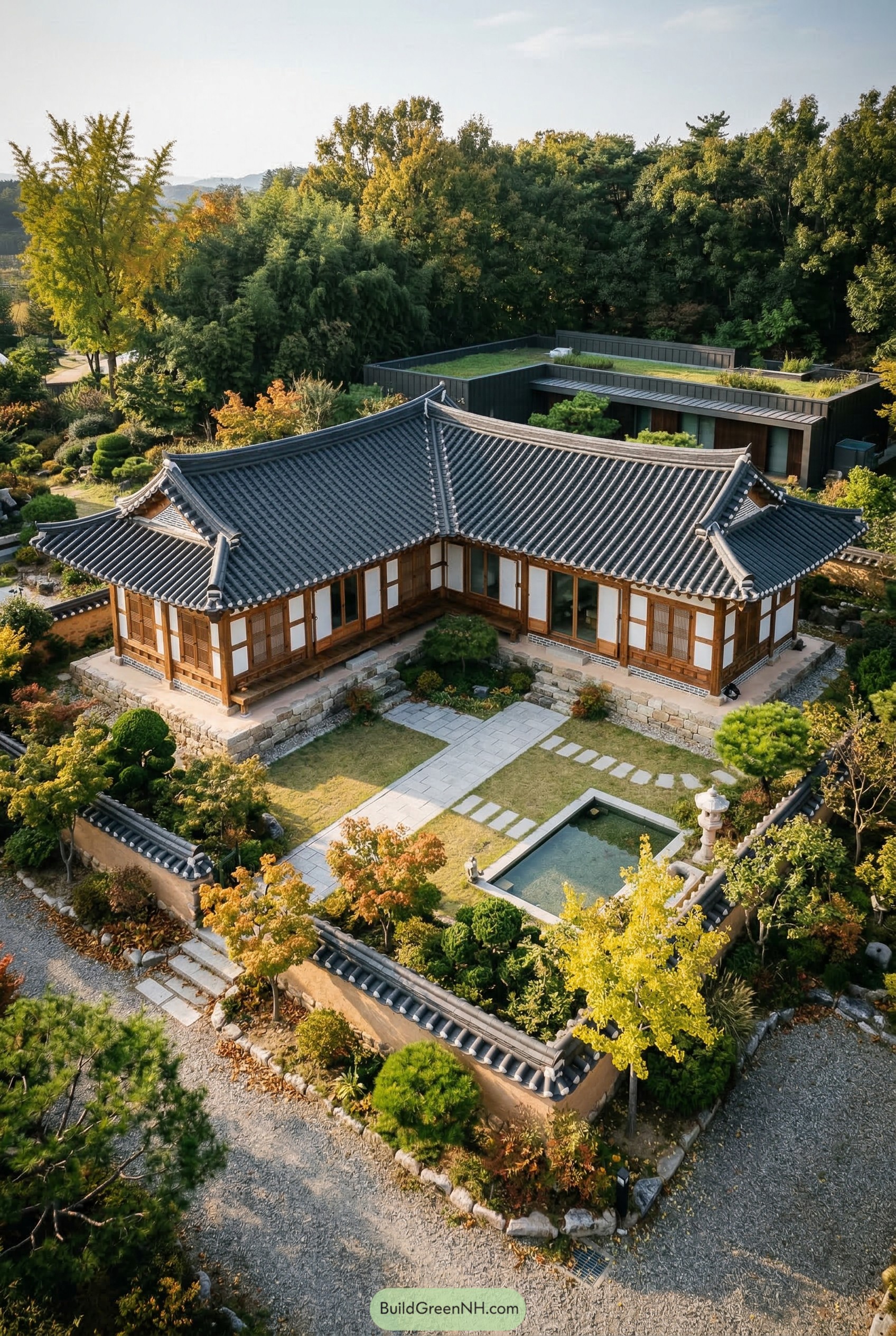 Traditional hanok with tiled roof and courtyard garden