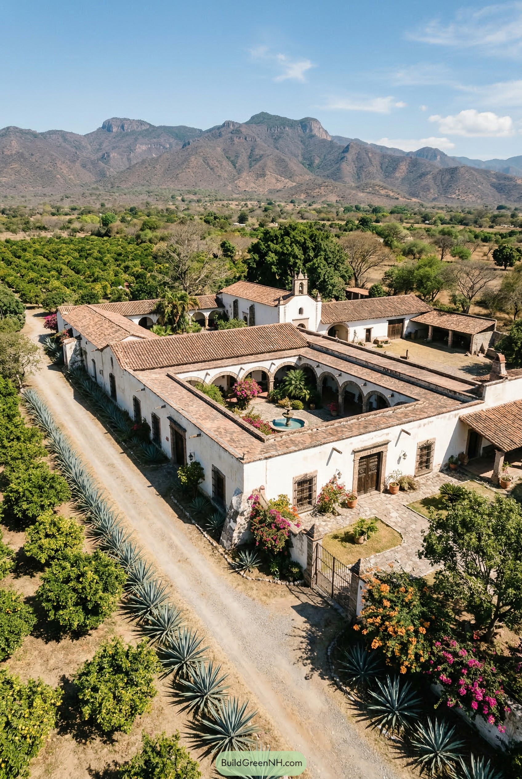 White stucco hacienda with tile roofs around a fountain courtyard and agave lined drive