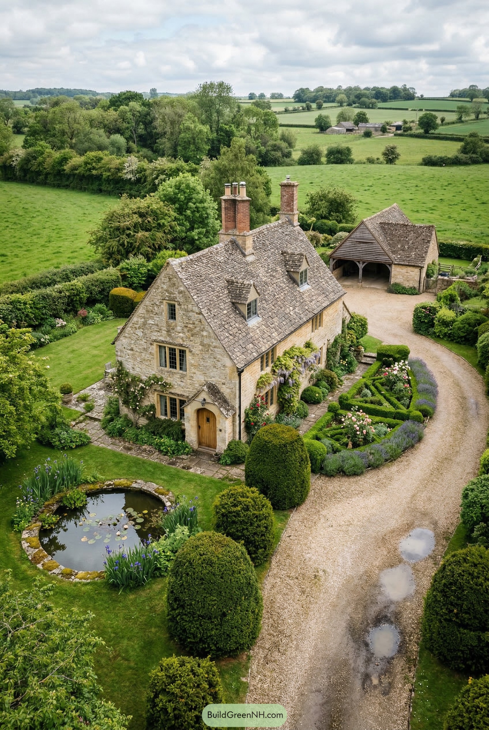 Stone cottage with gravel drive and formal garden