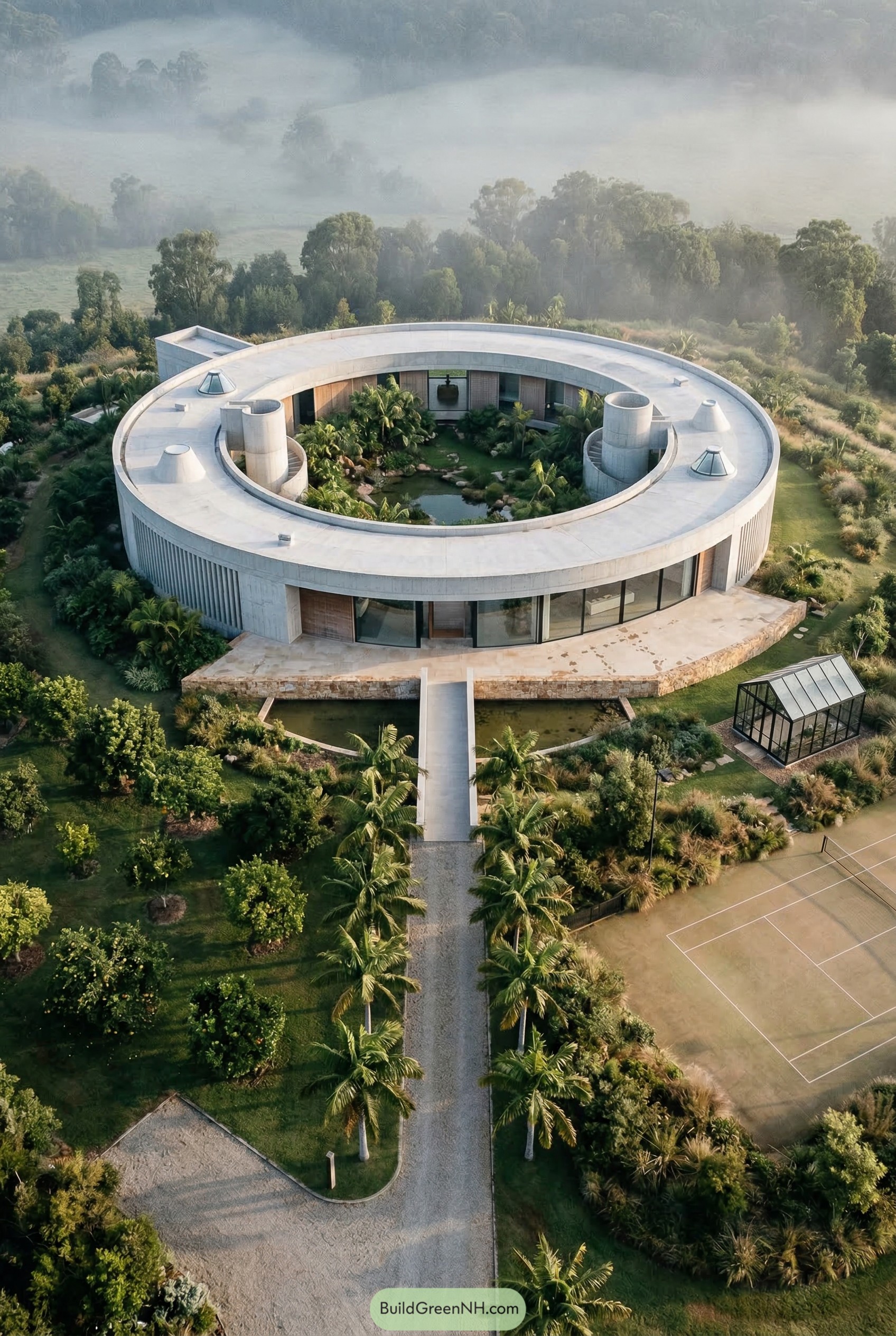 Aerial view of circular concrete home with lush inner courtyard