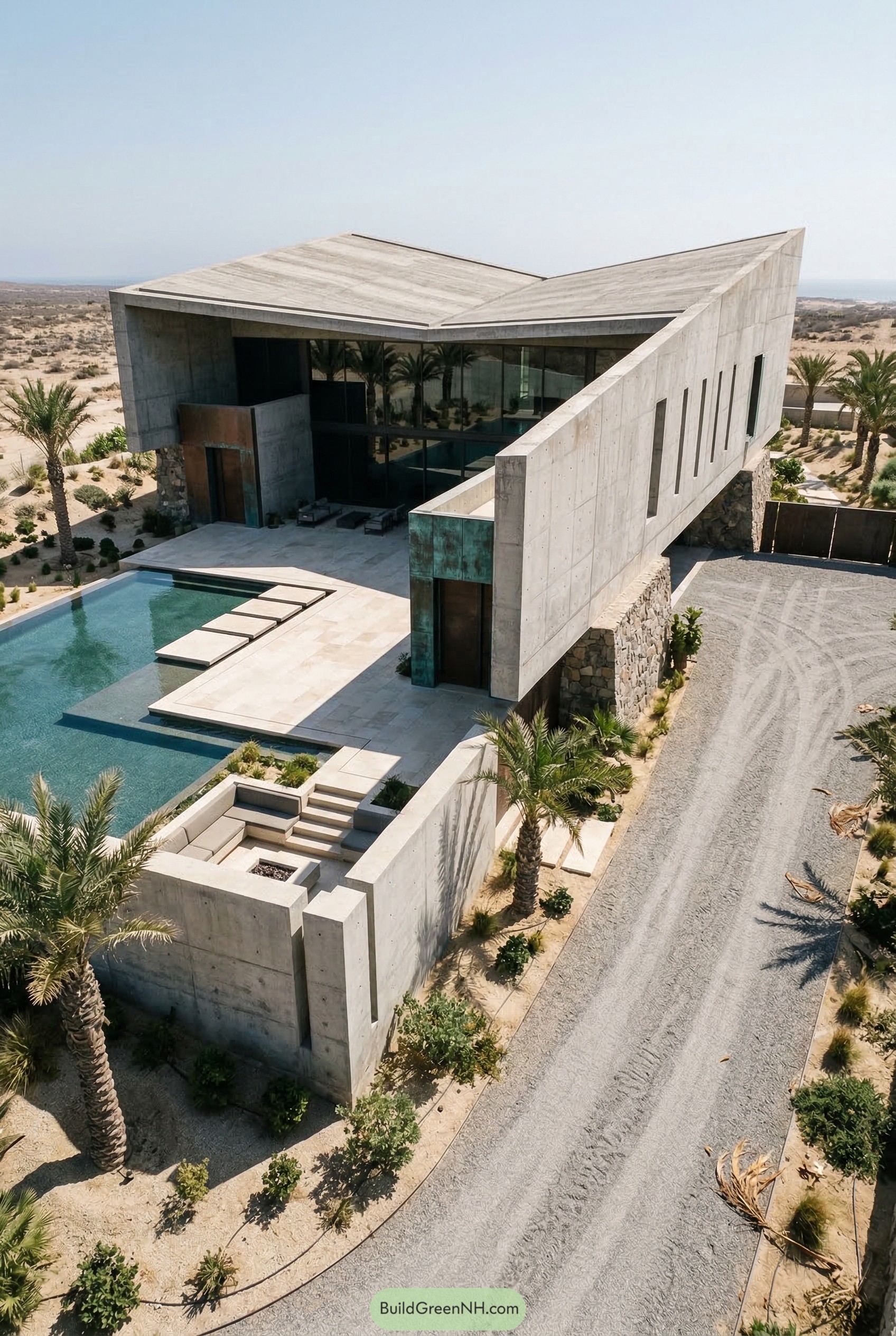 Angular concrete house with desert pool