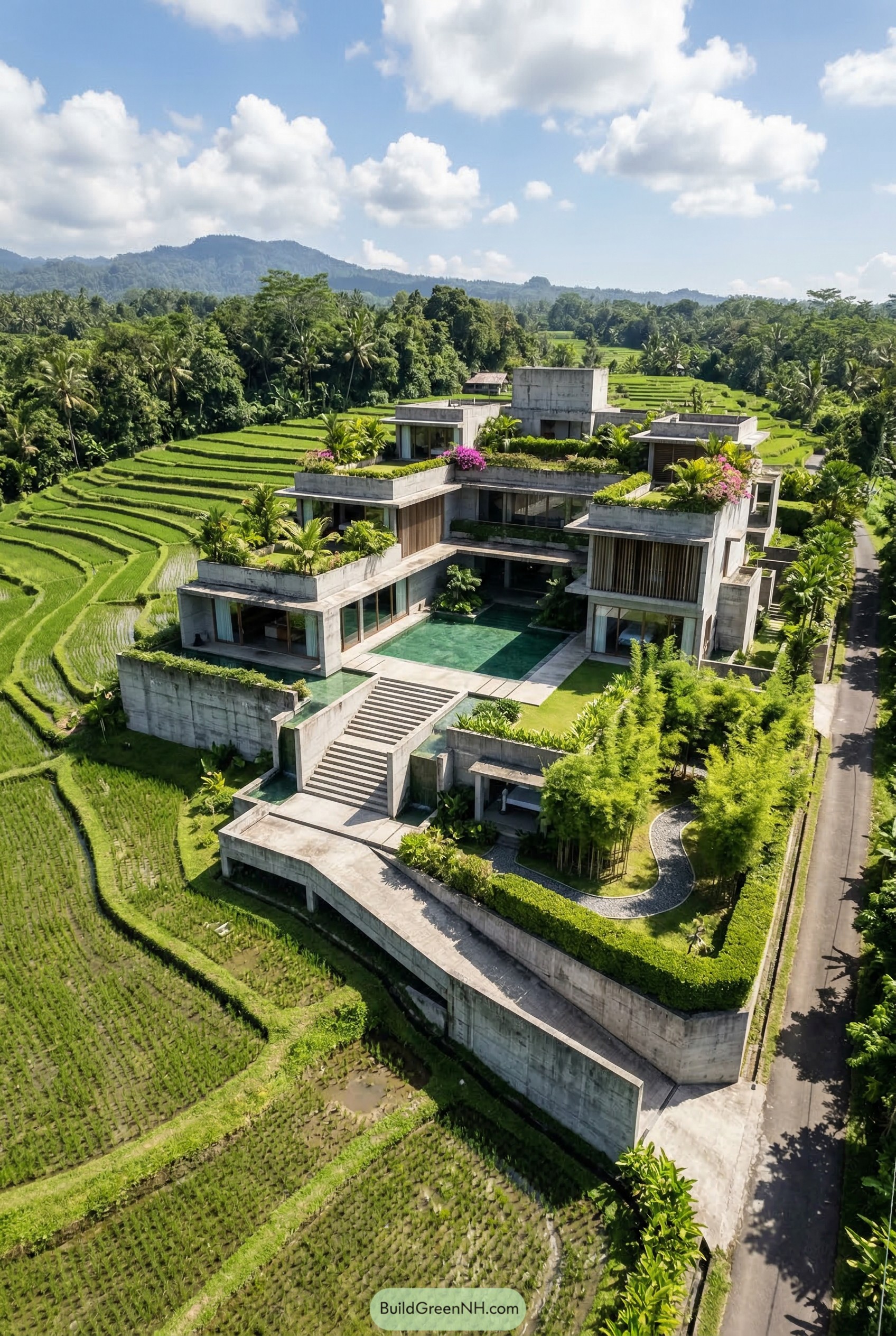 Stepped concrete villa with rooftop gardens in rice terraces