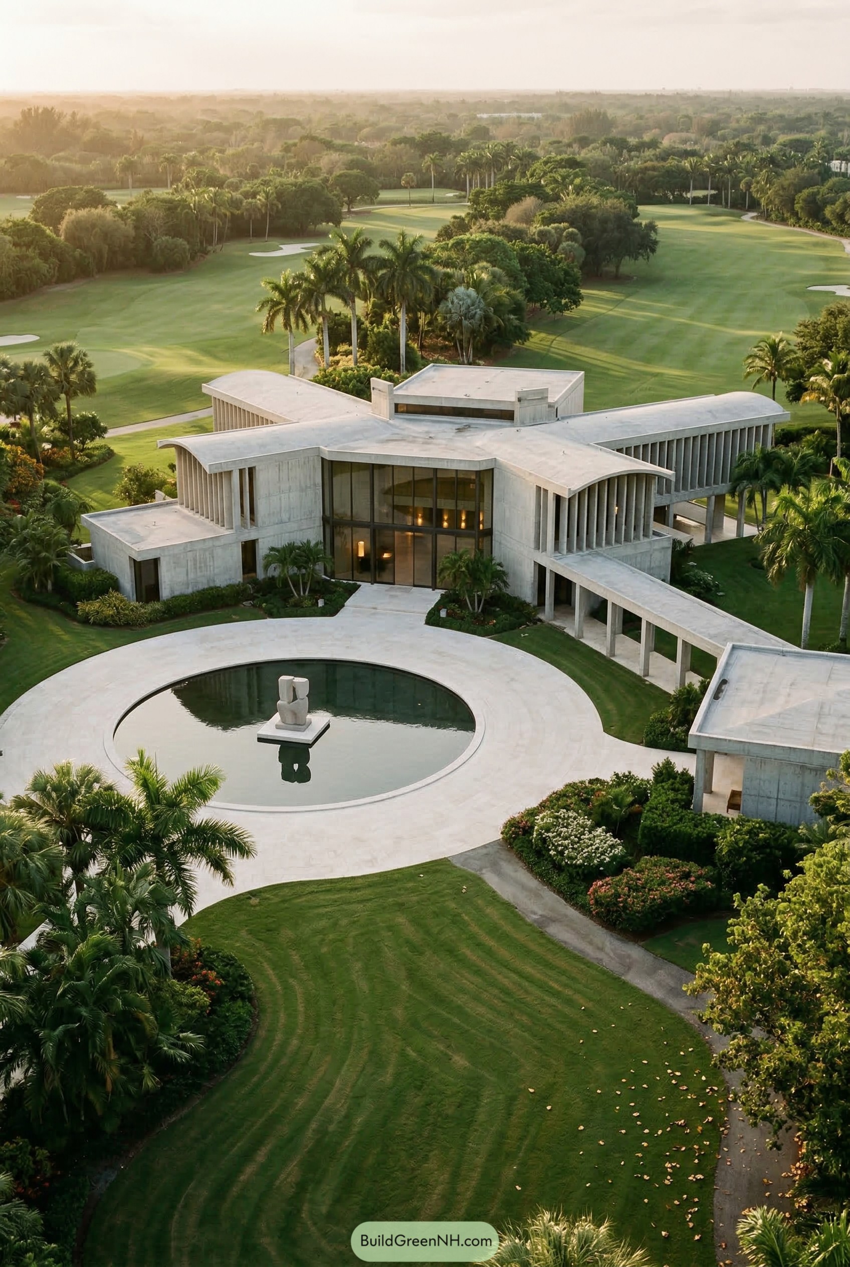 Aerial view of a concrete villa with curved wings and a circular reflecting pool