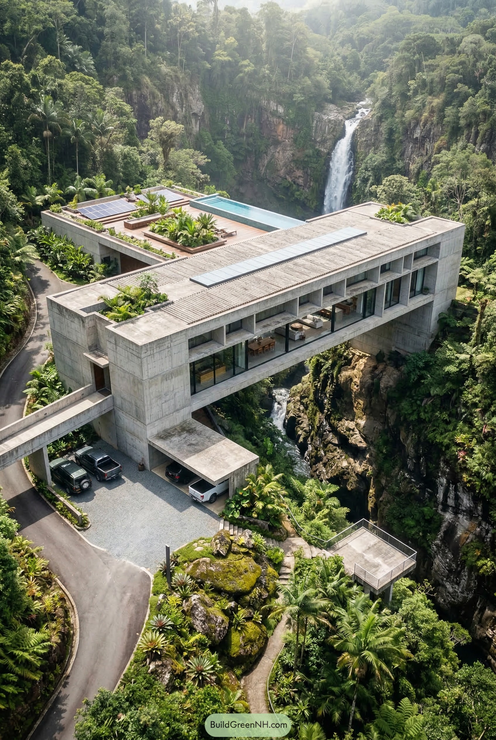 Concrete tropical villa spanning a jungle ravine by a waterfall