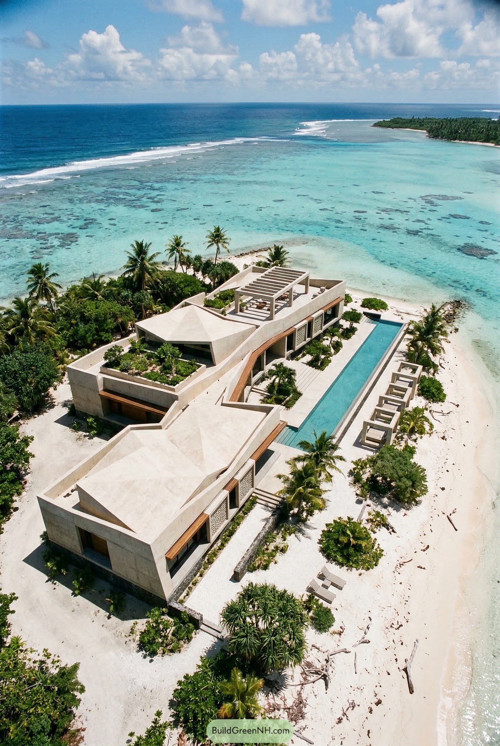 Angular beachfront concrete villa with long pool