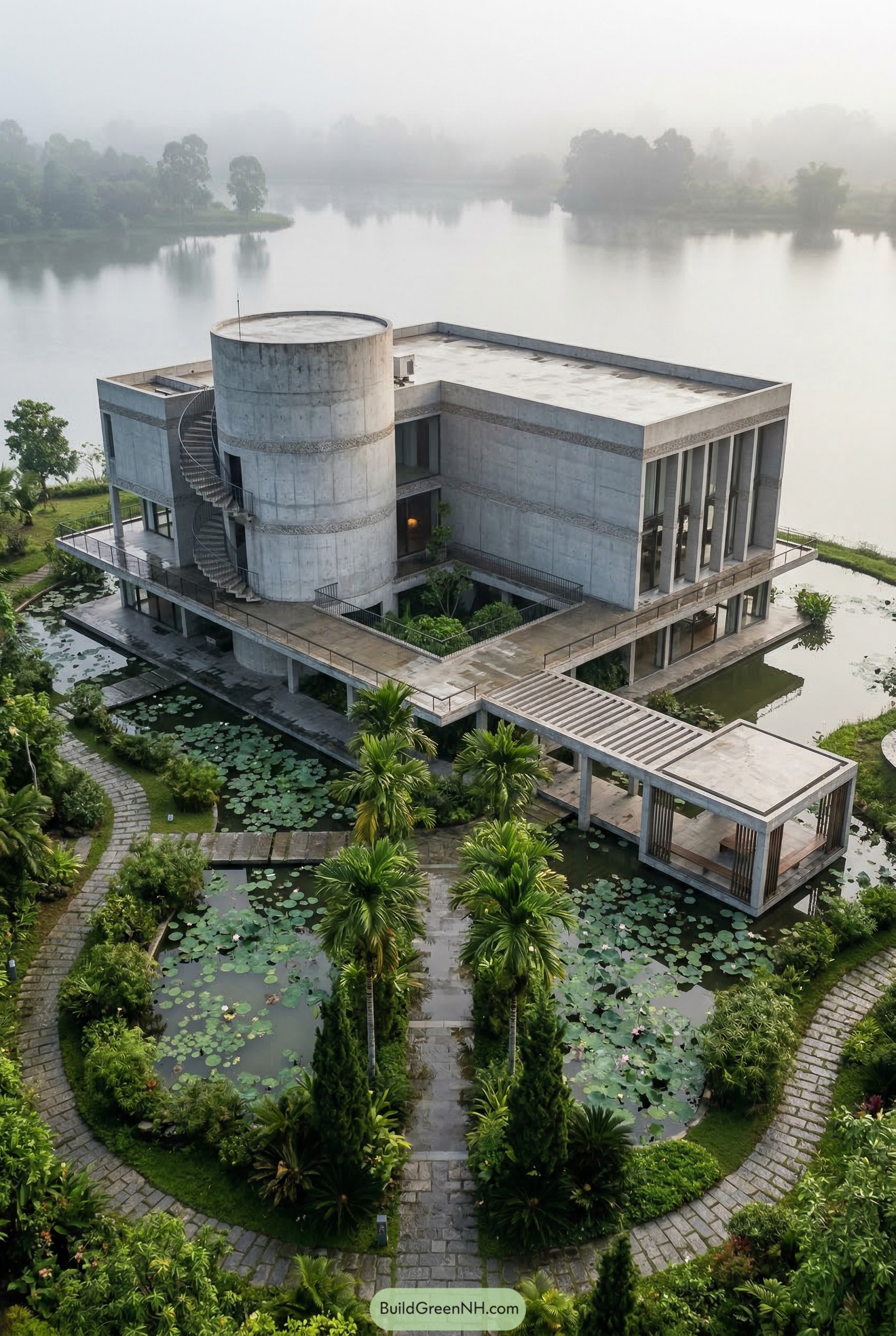 Concrete lakeside house with cylindrical stair tower and lily ponds