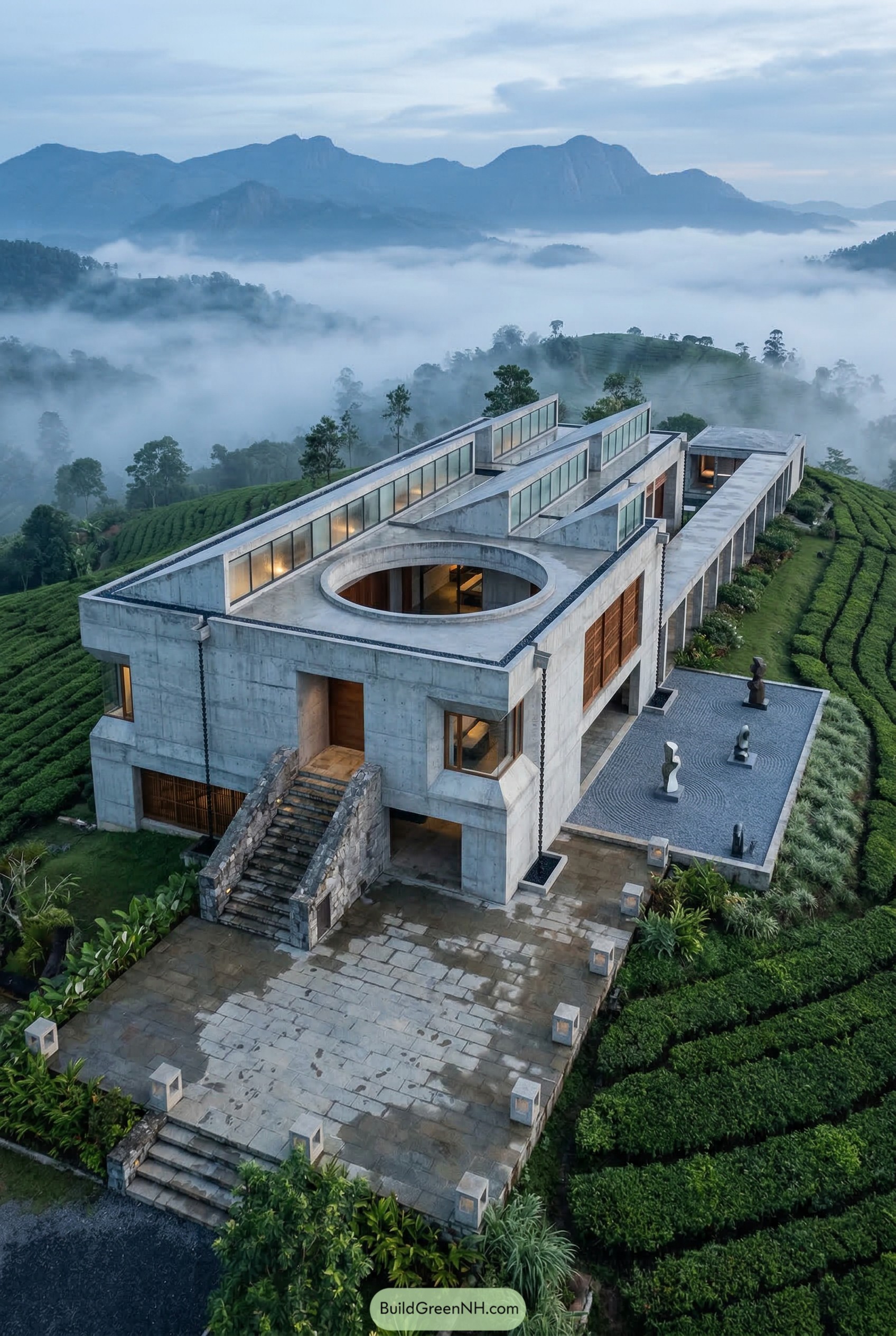 Concrete hillside house with rooftop oculus above tea terraces