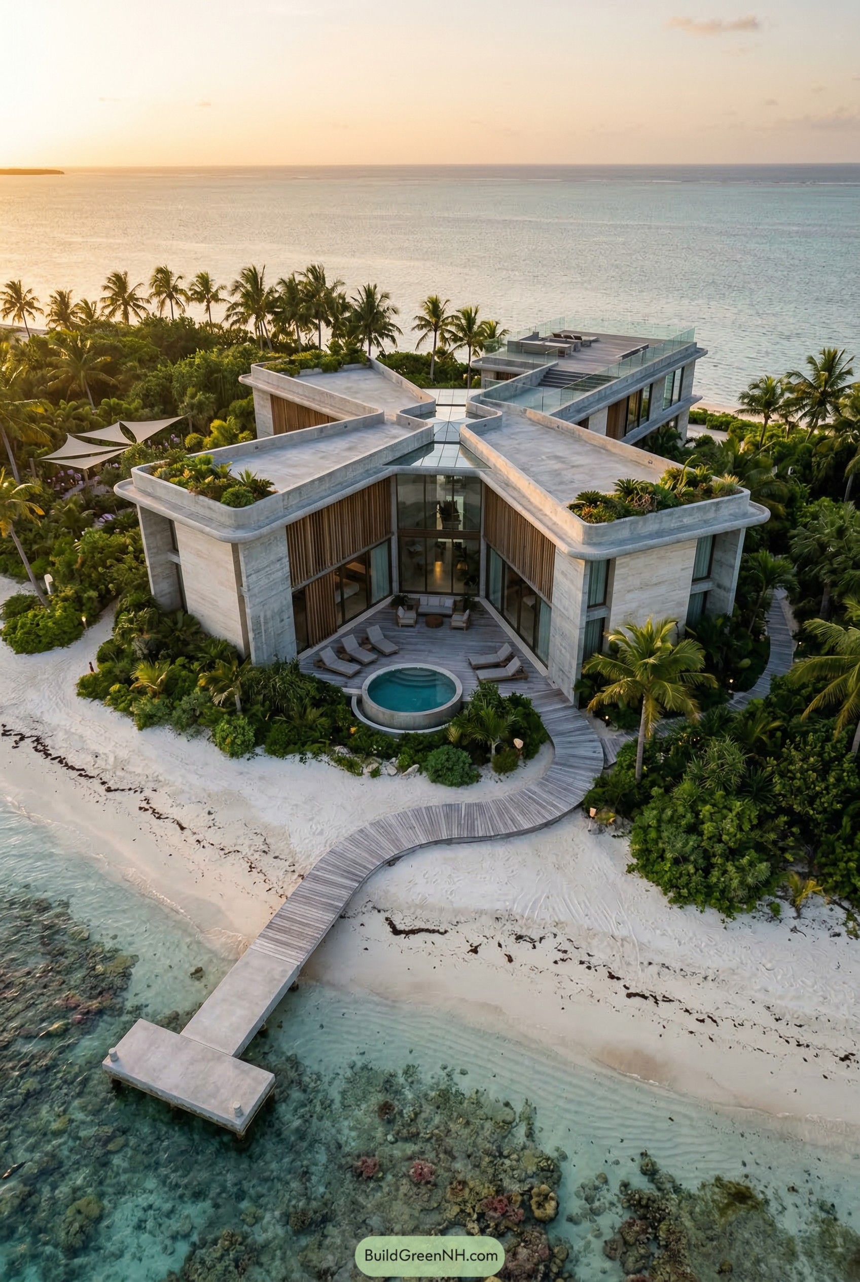 Beachfront concrete villa with pinwheel roof and pier