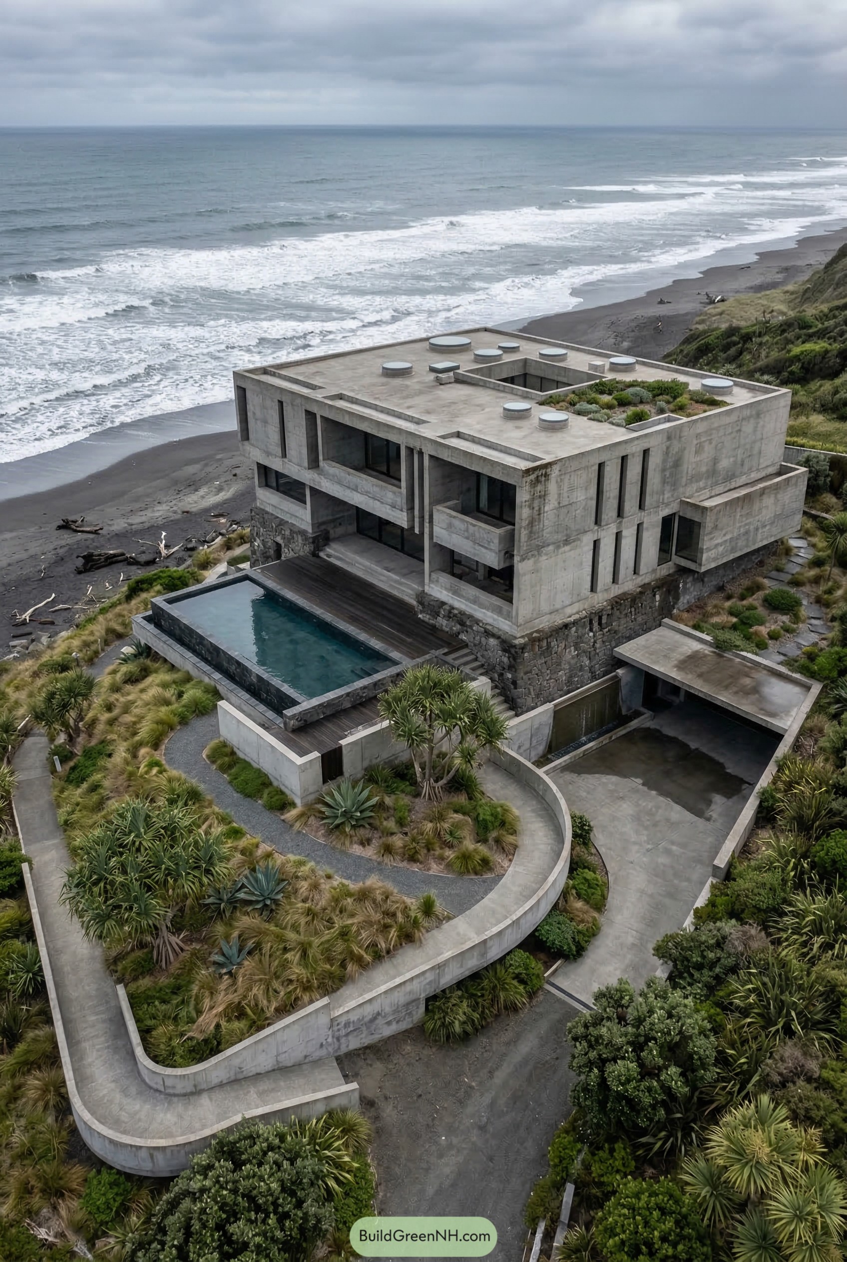 Oceanfront concrete house with rooftop courtyard and pool