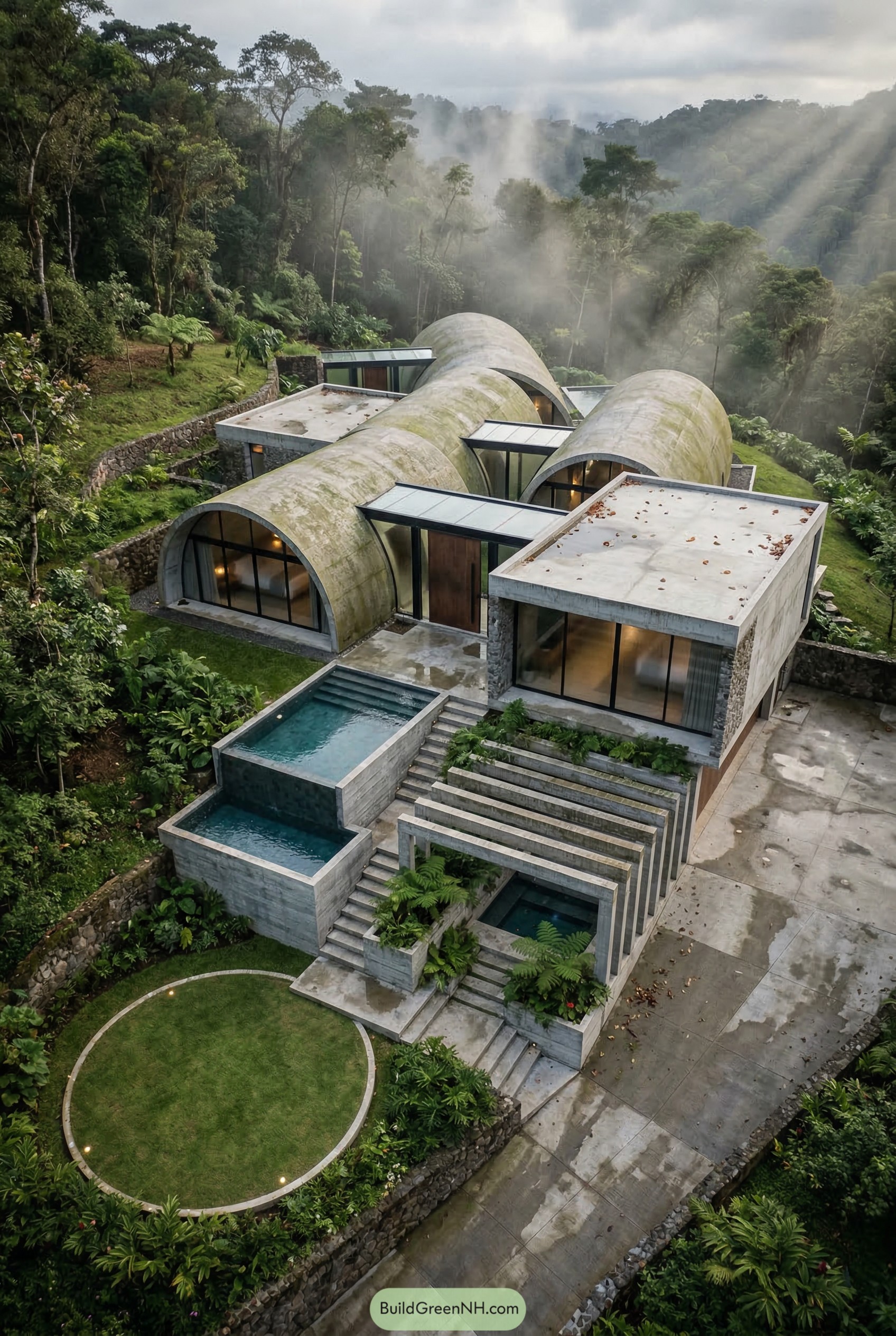 Concrete tropical house with vaulted roofs and tiered pools in rainforest