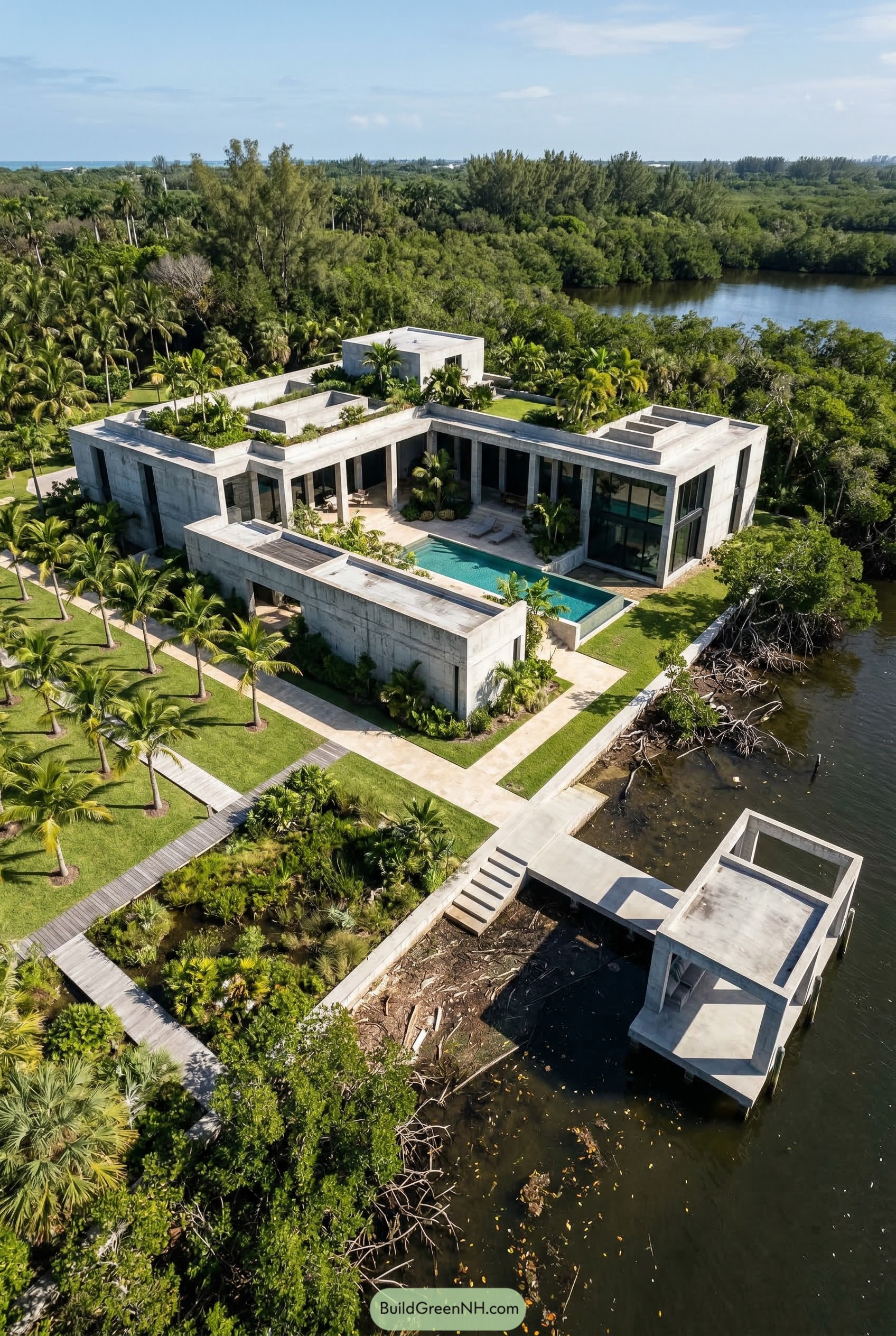 Concrete waterfront house with courtyard pool and dock