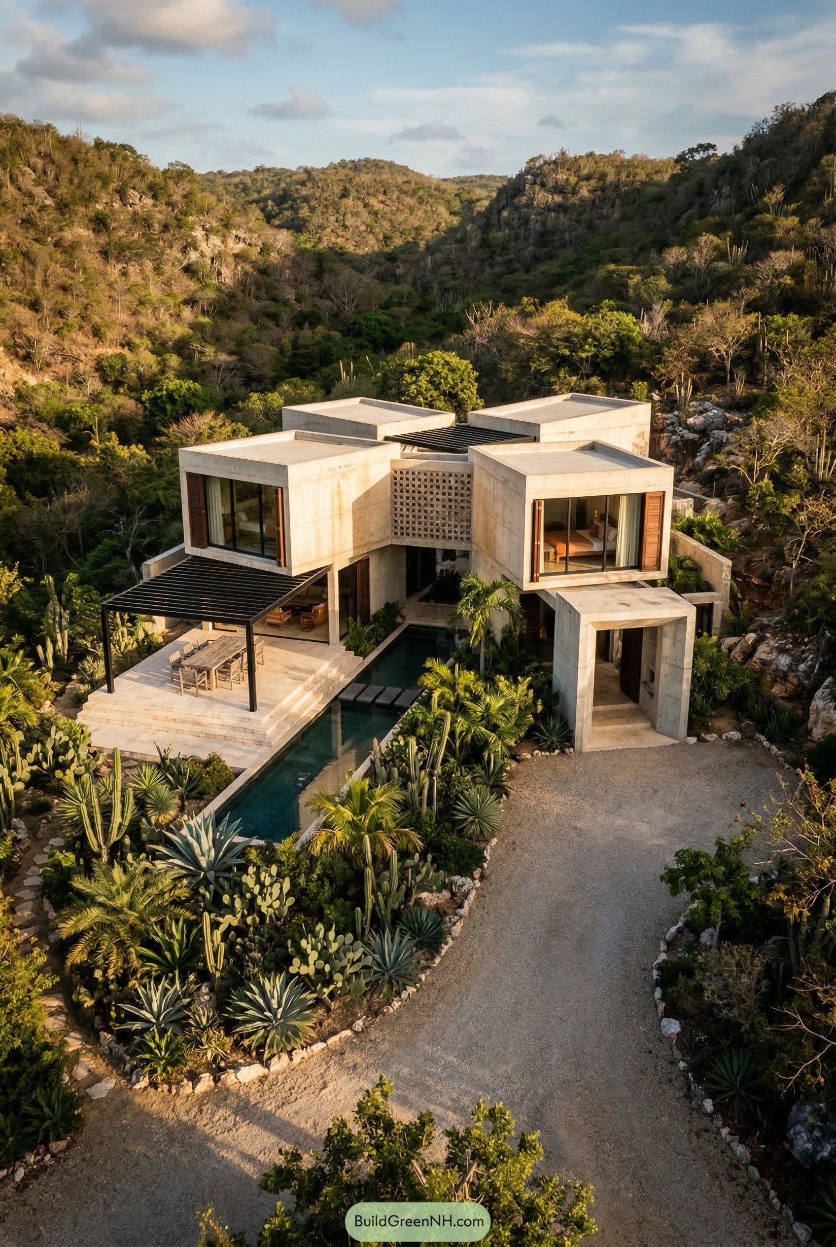 Concrete cube villa with pool in cactus valley