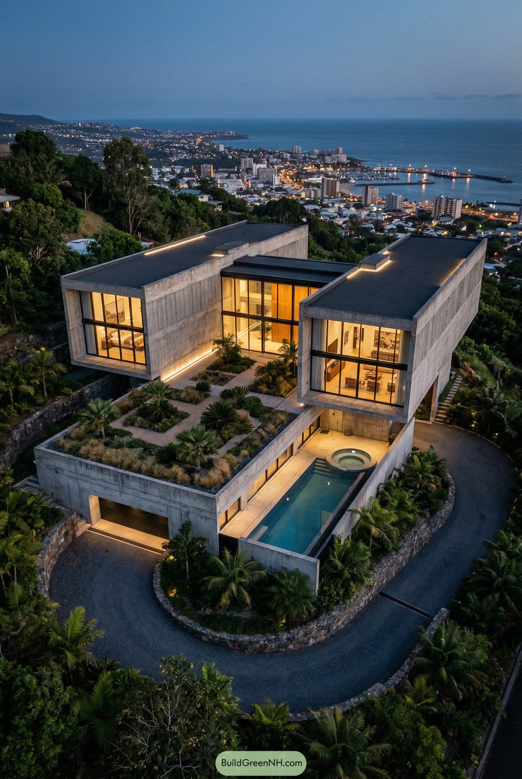 Concrete hillside house with pool and roof garden