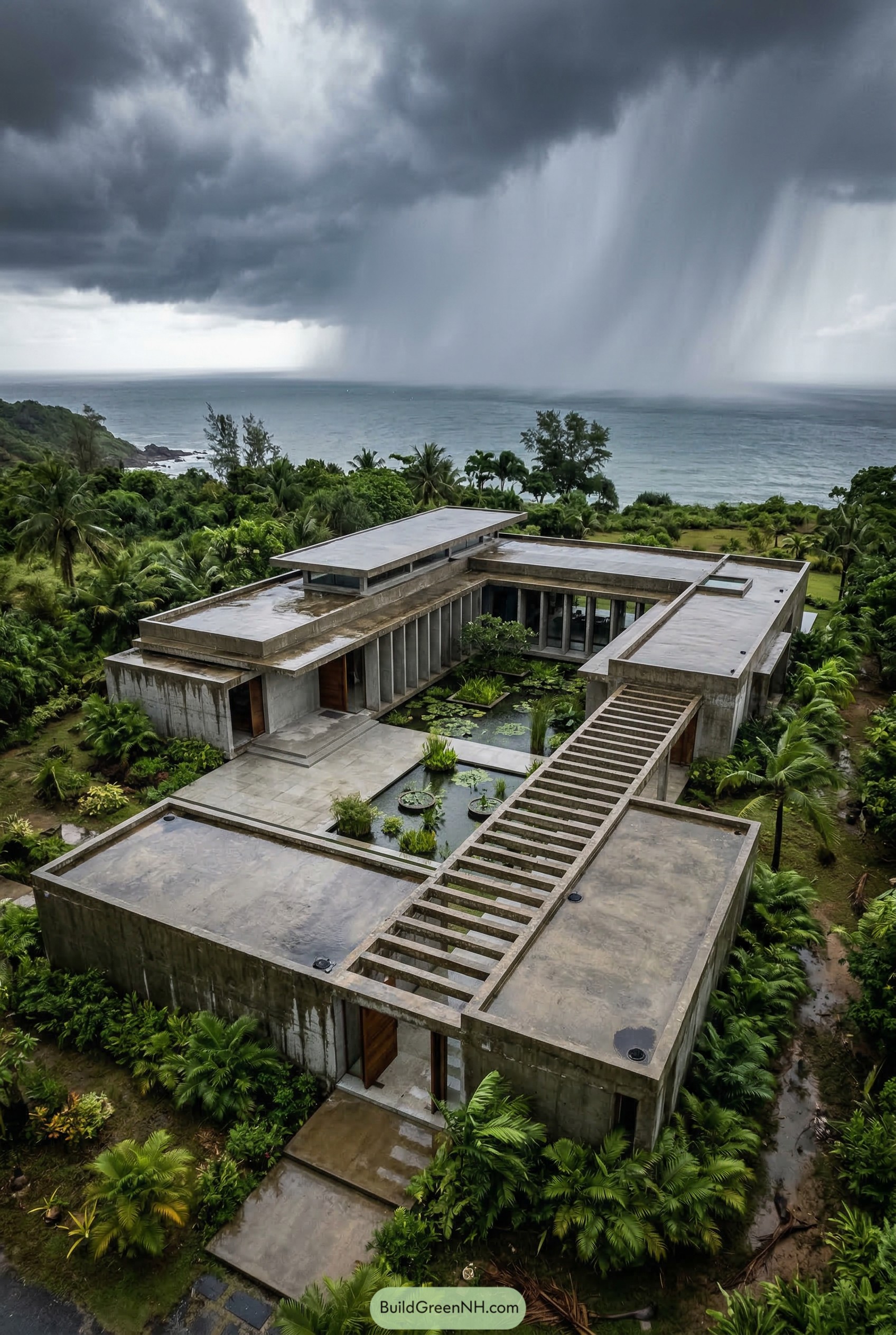 Oceanfront concrete courtyard house beneath a tropical storm