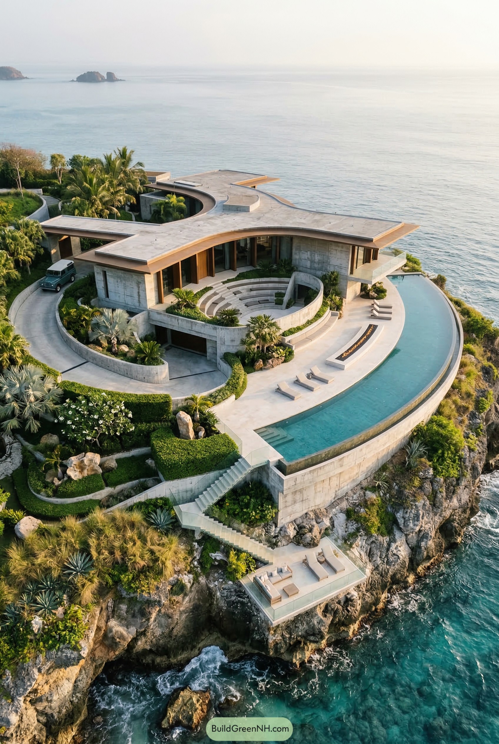 Curved concrete villa with infinity pool on a cliff