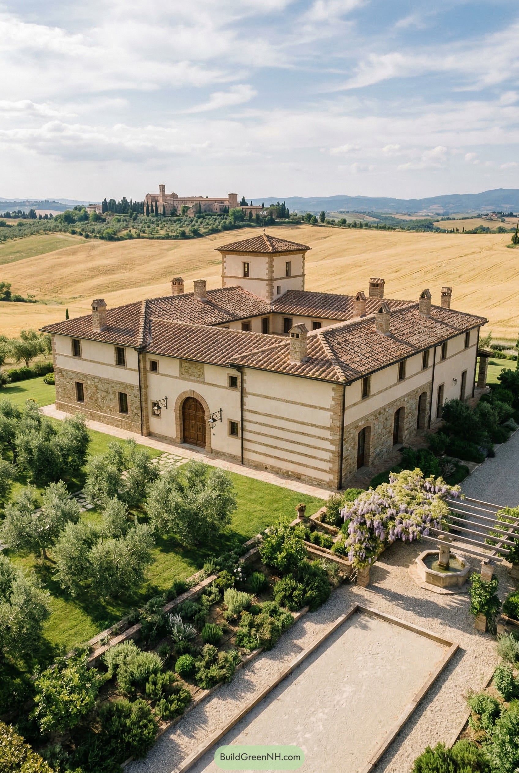 Tuscan manor with central tower and olive grove