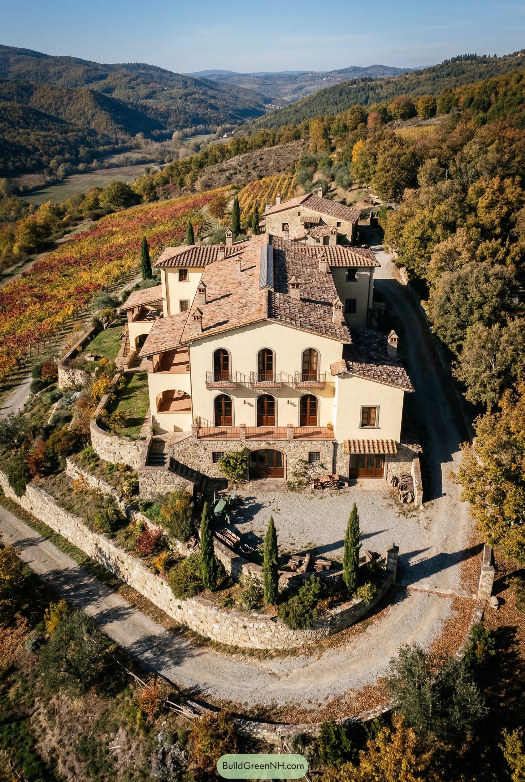 Tuscan mansion above terraced vineyard