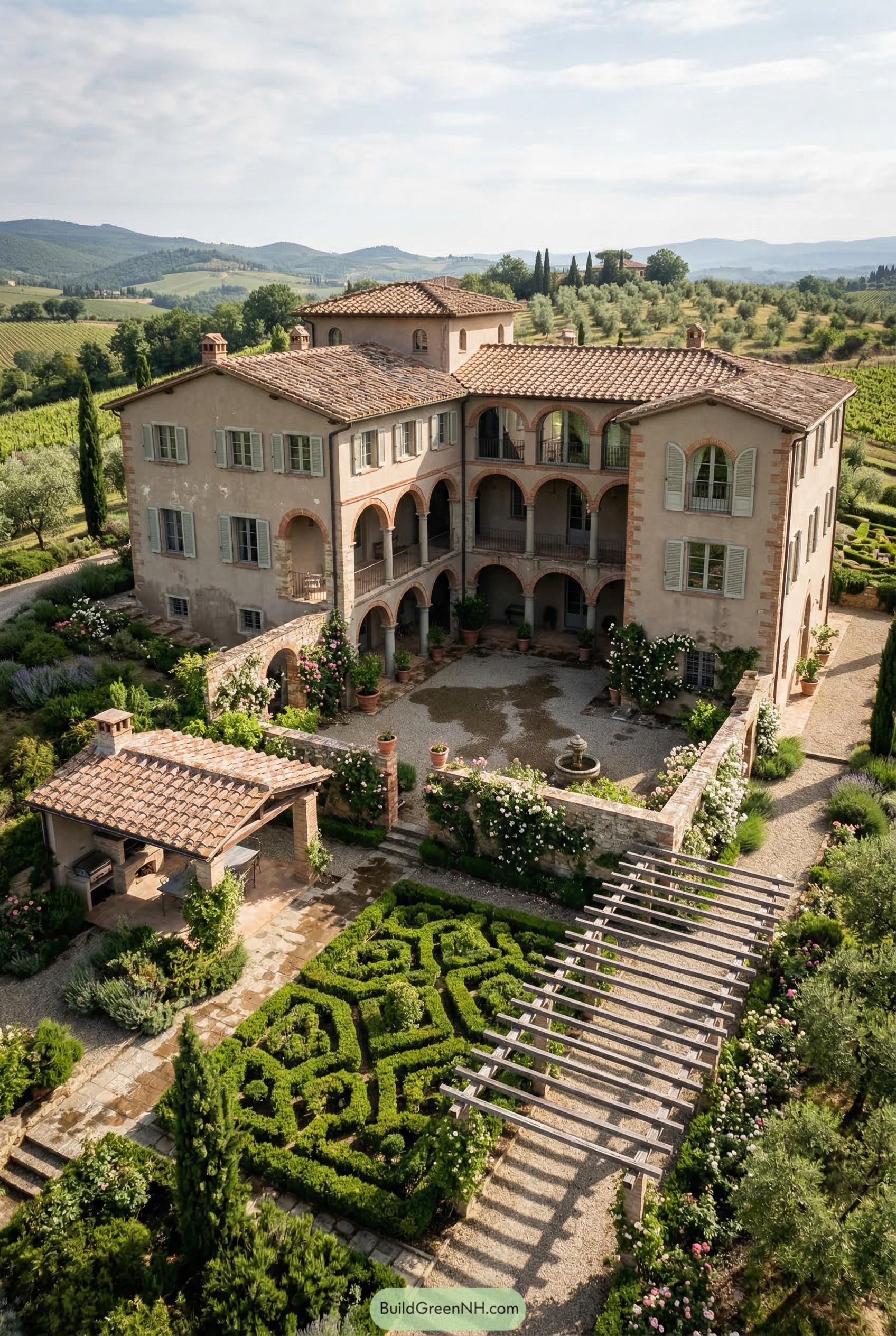 Large Tuscan mansion with arched courtyard and knot garden
