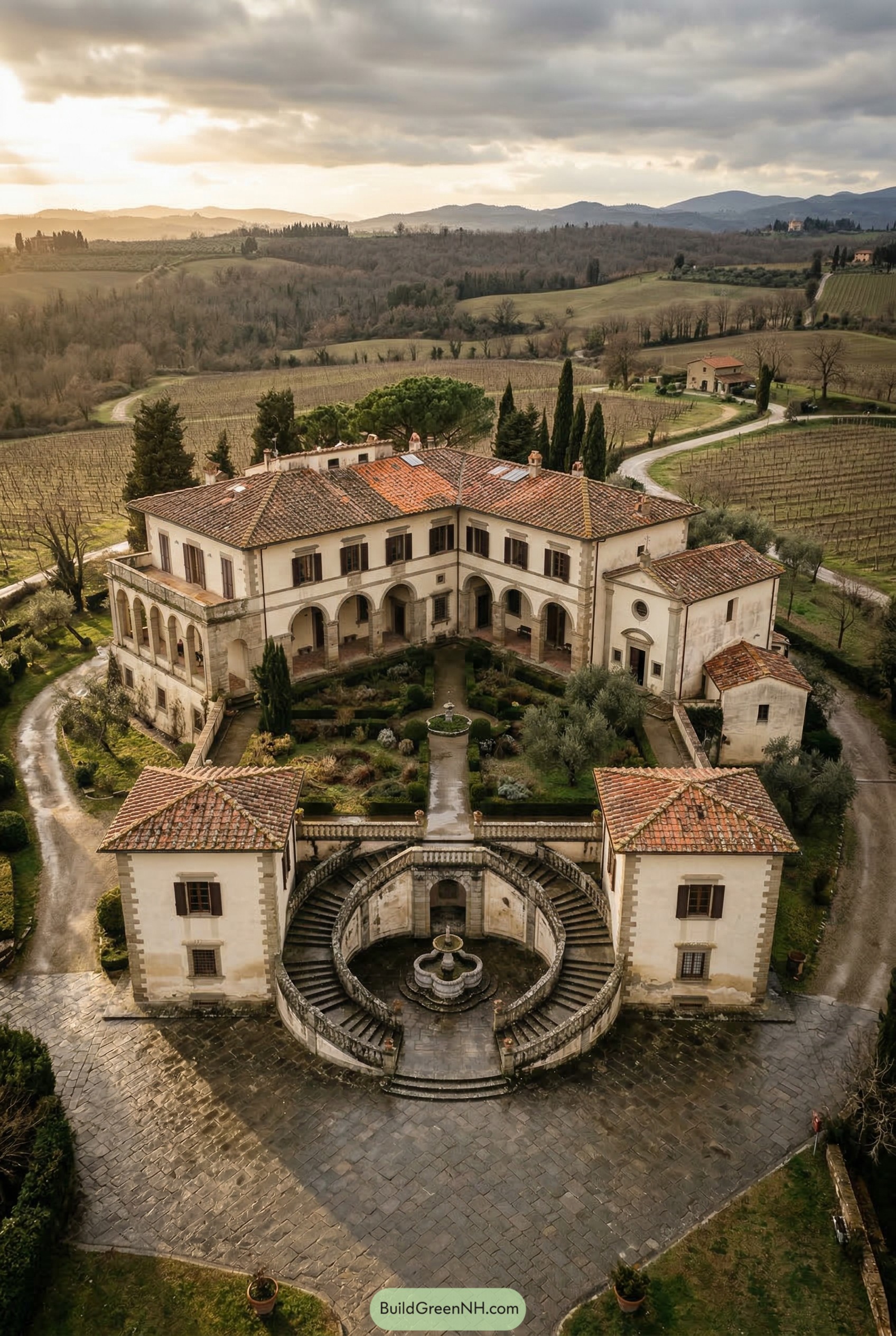 Tuscan villa with curved twin staircase and formal garden