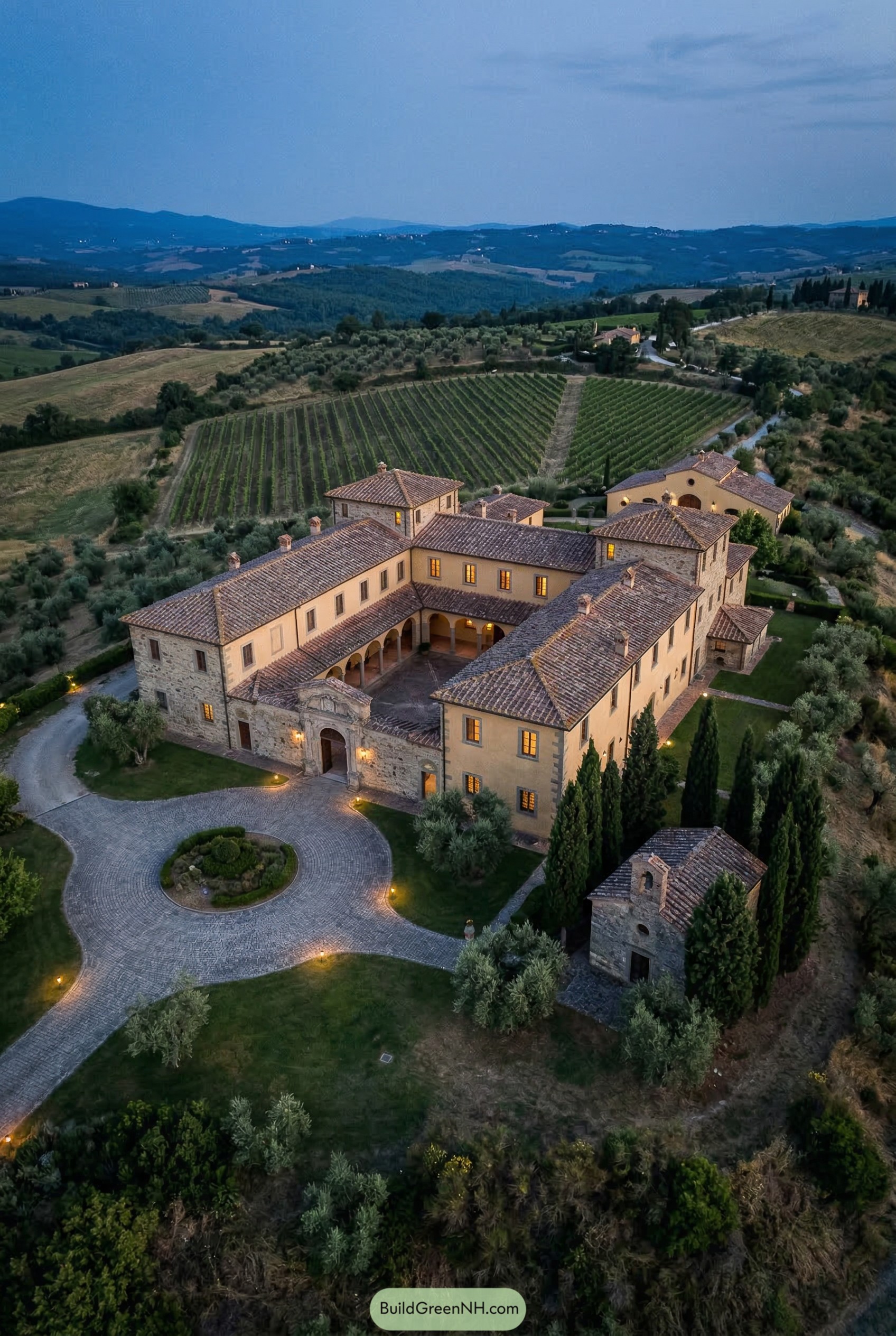 Tuscan courtyard mansion surrounded by vineyards