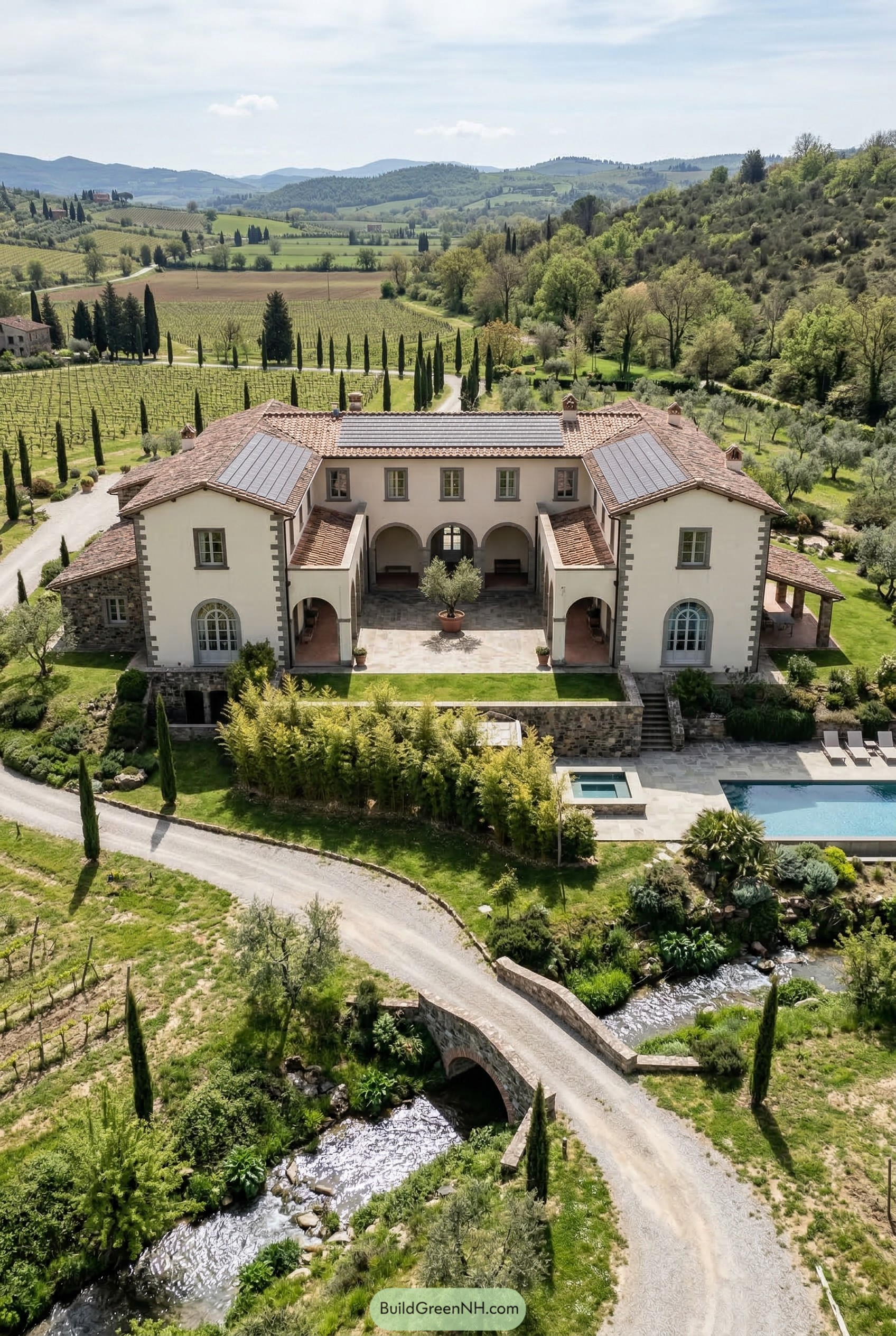 Aerial view of a Tuscan home with pool and stone bridge