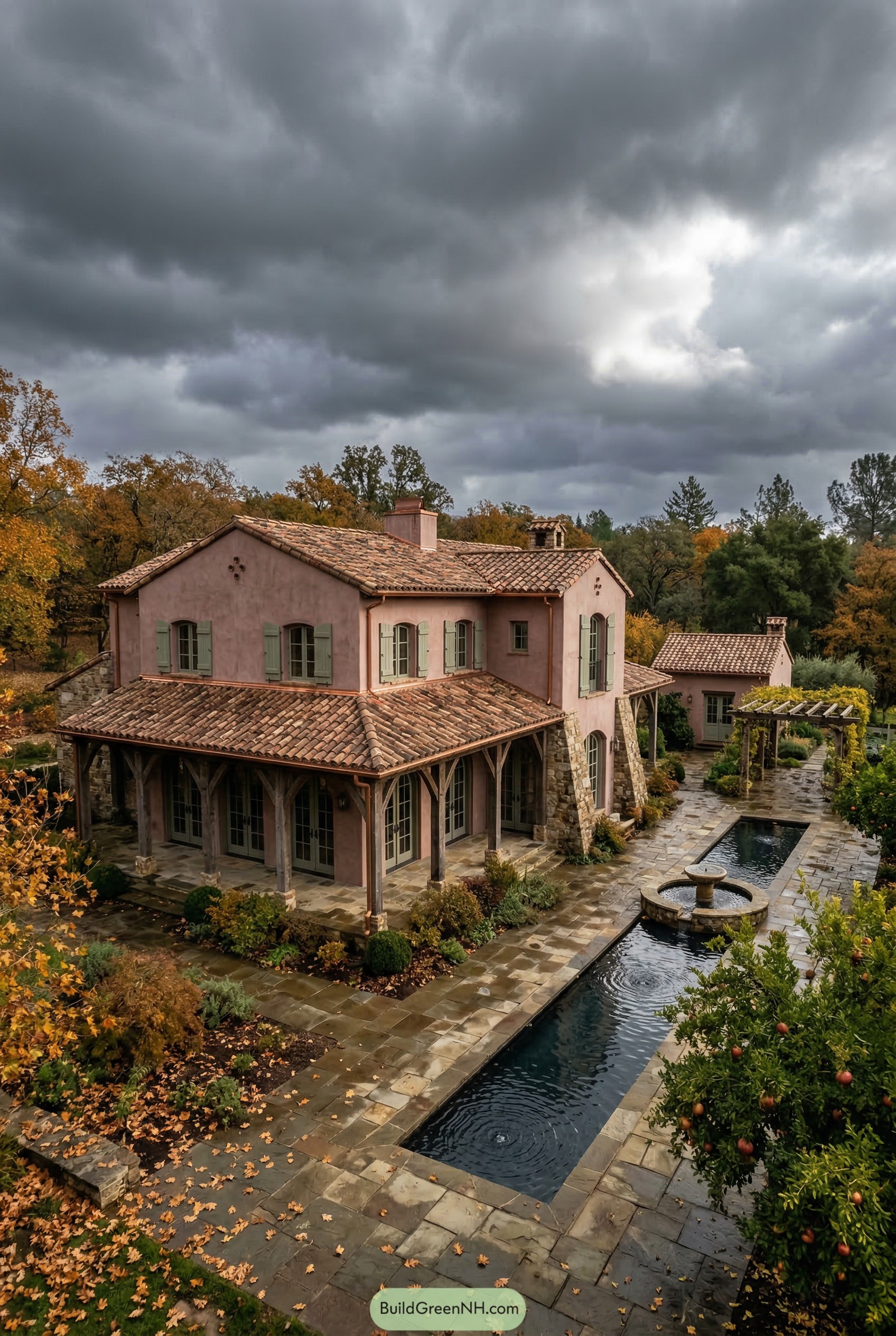 Pink stucco Tuscan villa with long reflecting pools