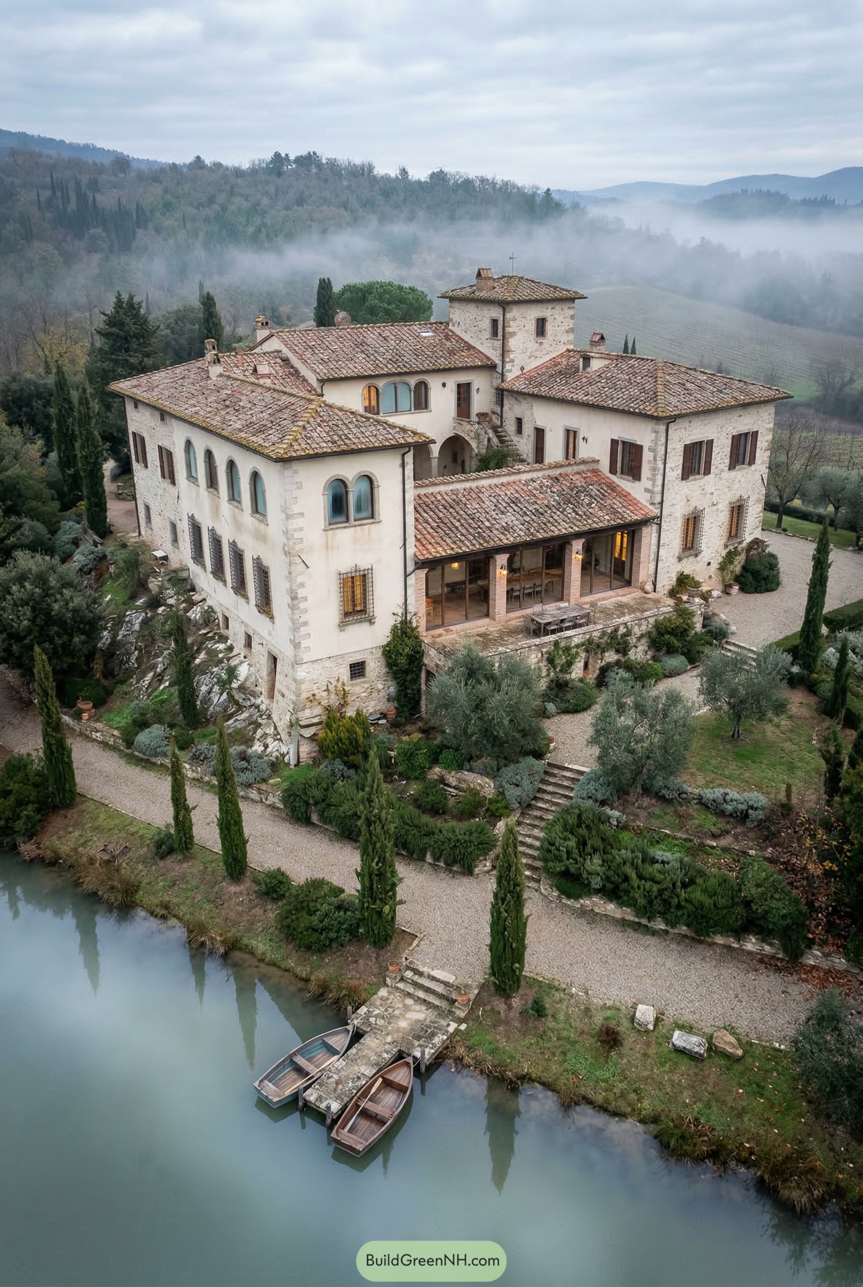 Stone Tuscan mansion with tower and dock