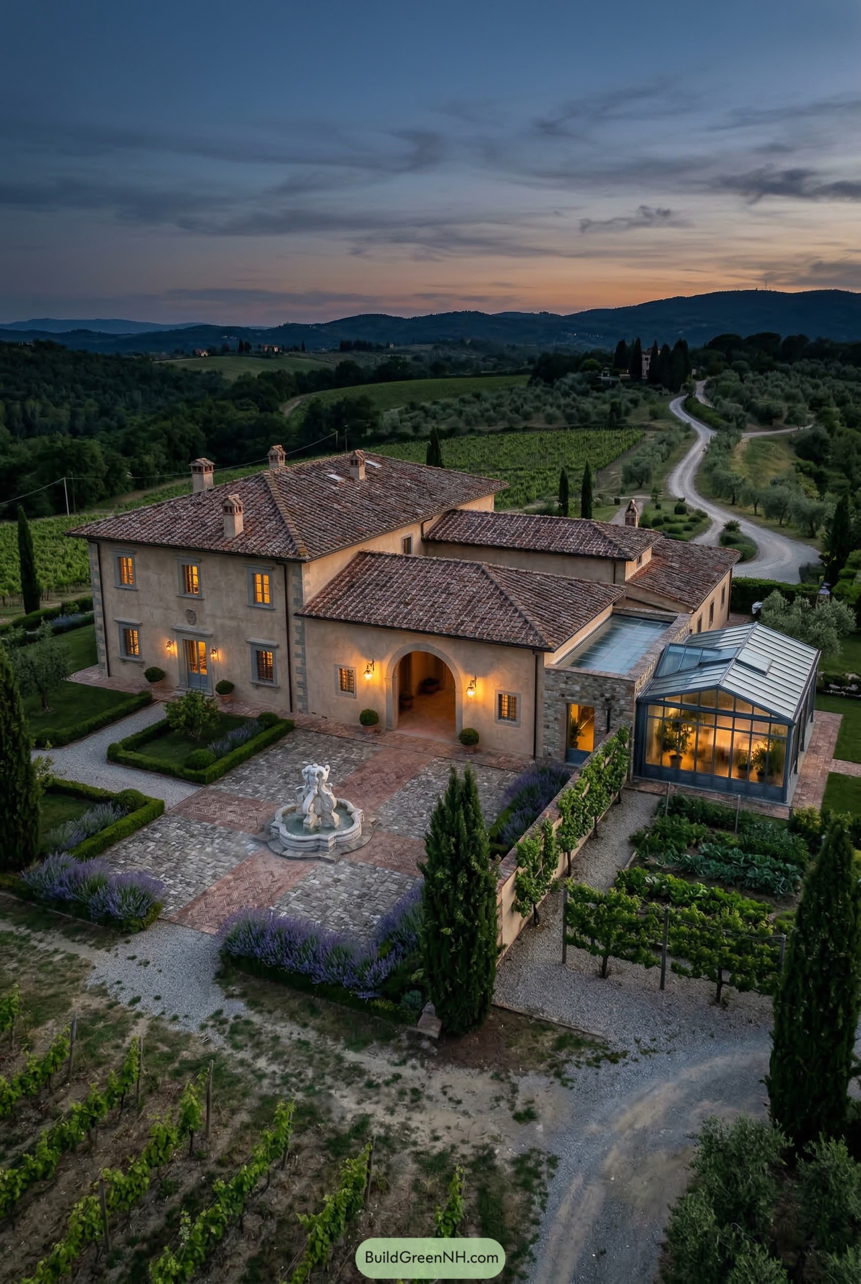 Tuscan villa with fountain courtyard and glass conservatory