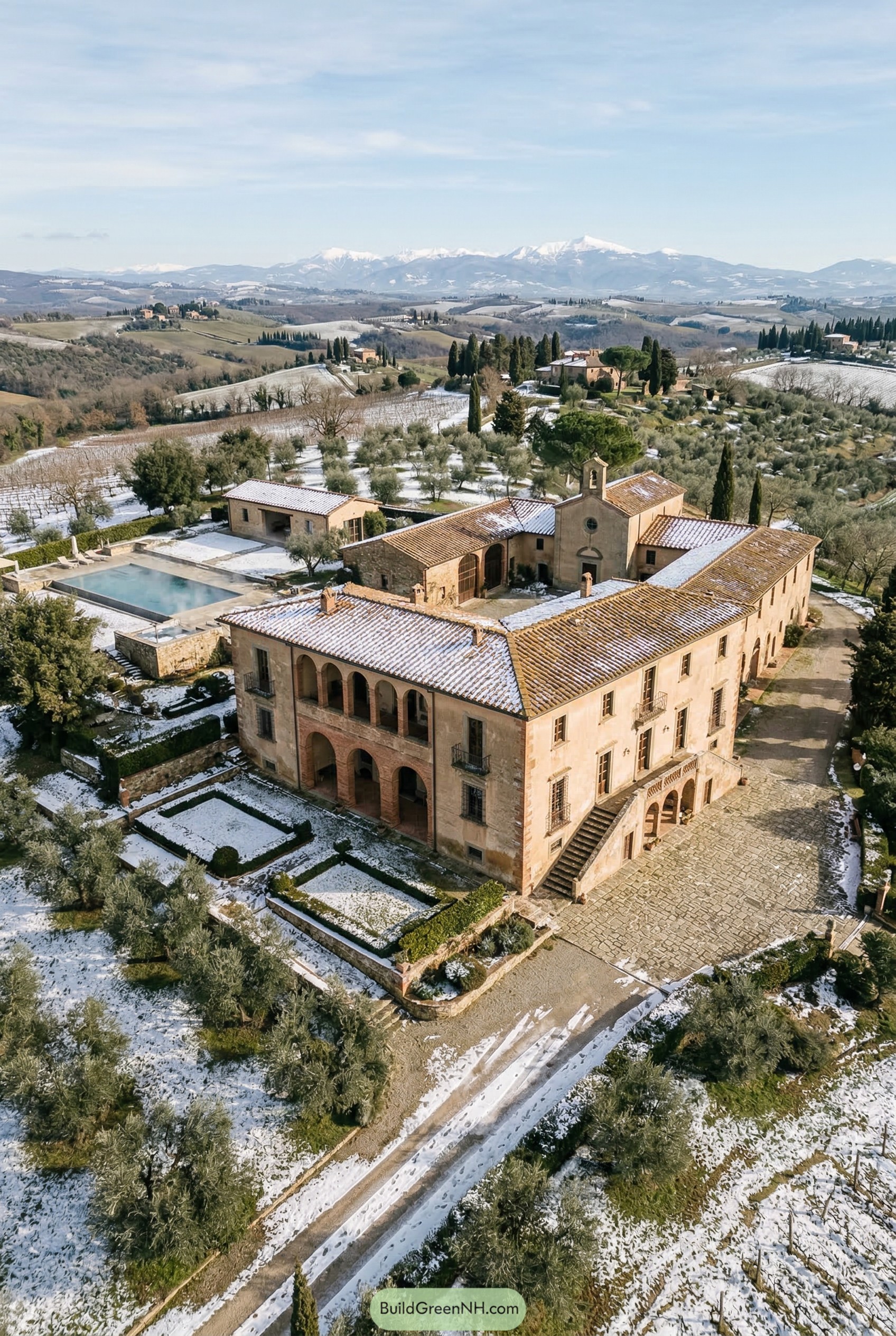 Snow-dusted Tuscan estate with loggia and pool