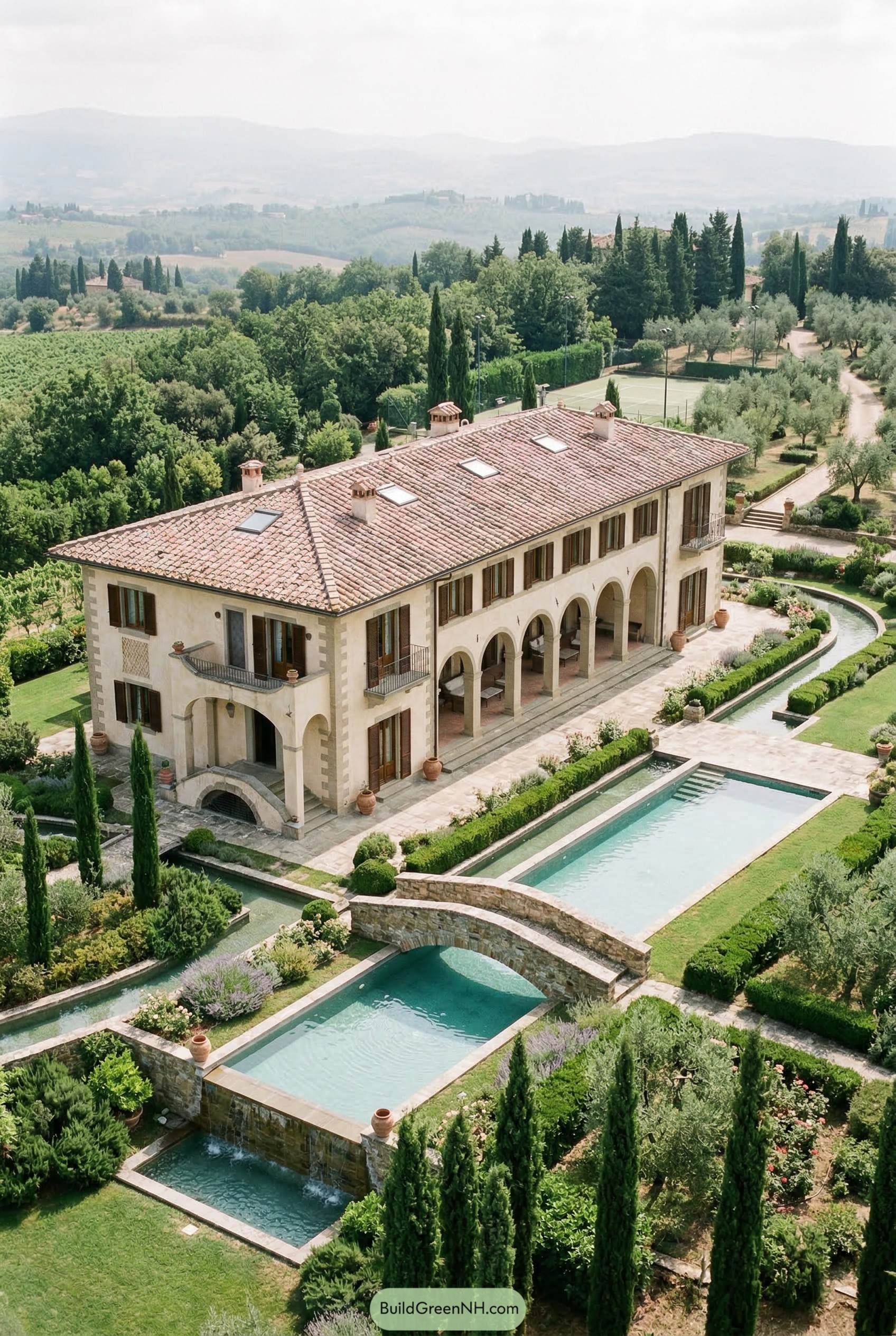 Tuscan villa with arched loggia and tiered pools