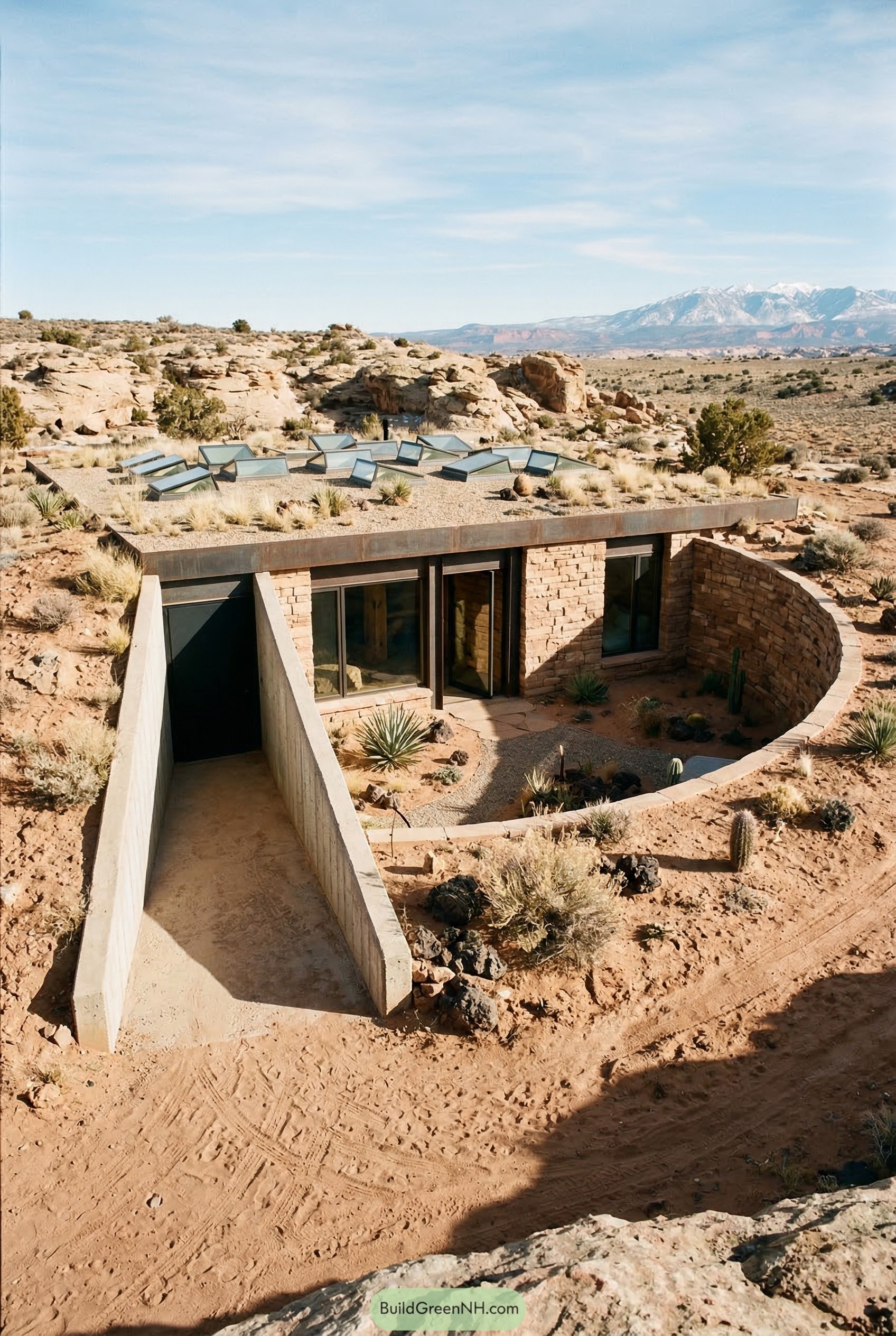 Desert earth house with roof monitors and a curved courtyard