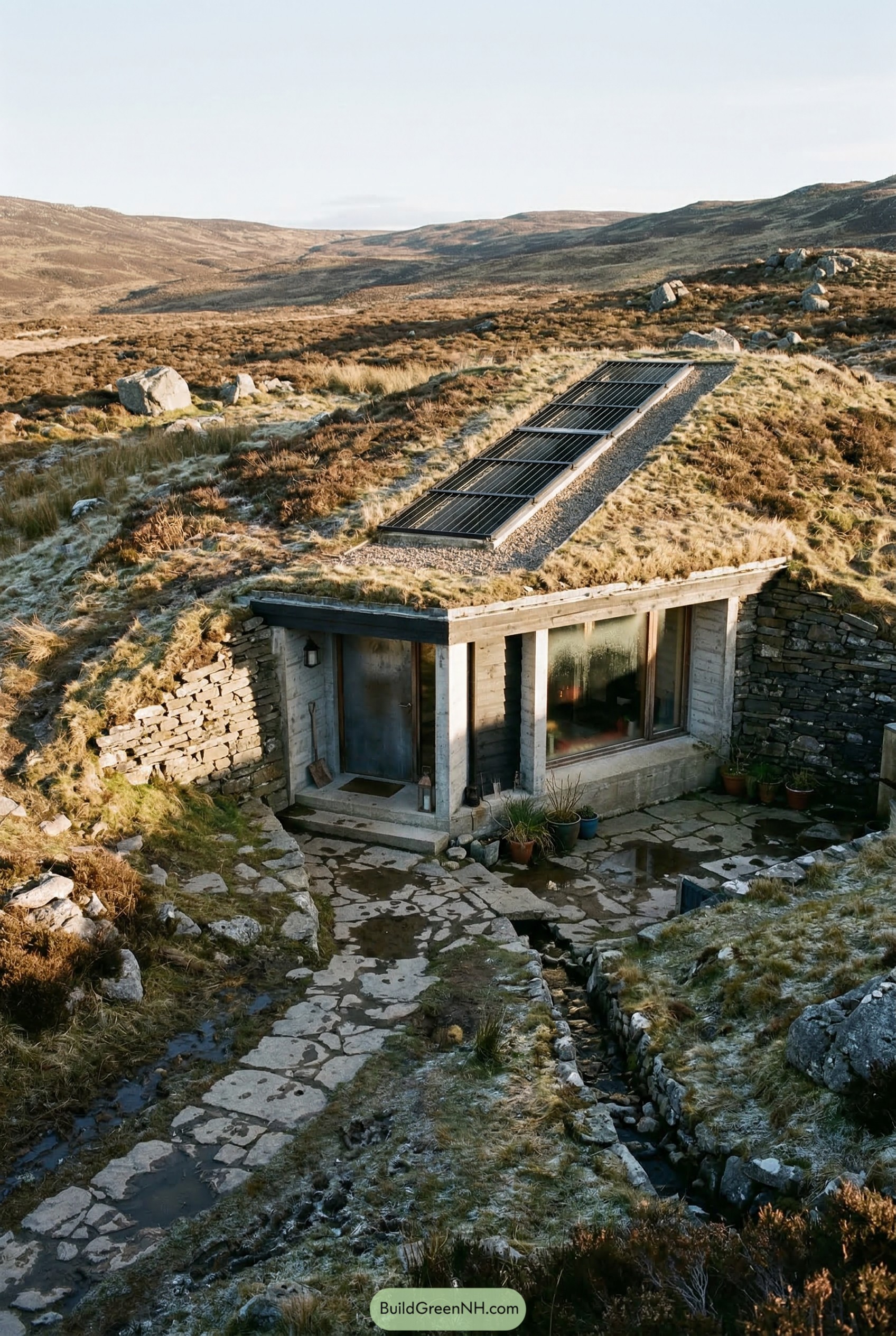 Sunken earth house with turf roof and solar panels