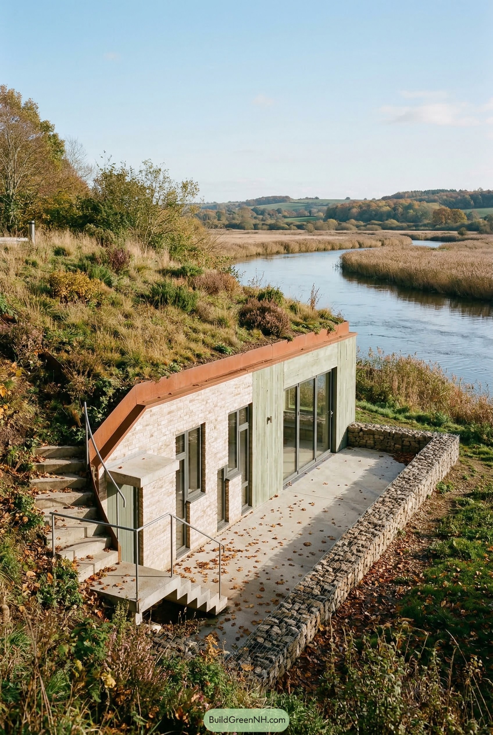 Hillside earth house with green roof by river