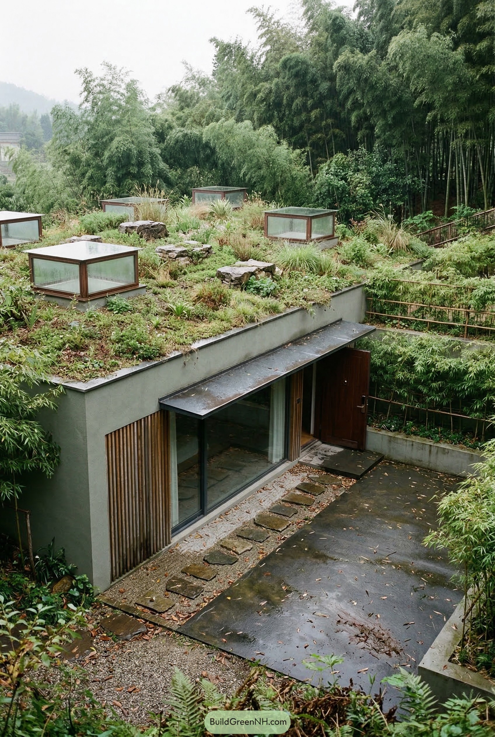 Earth sheltered home with planted roof and glass roof boxes in a bamboo grove