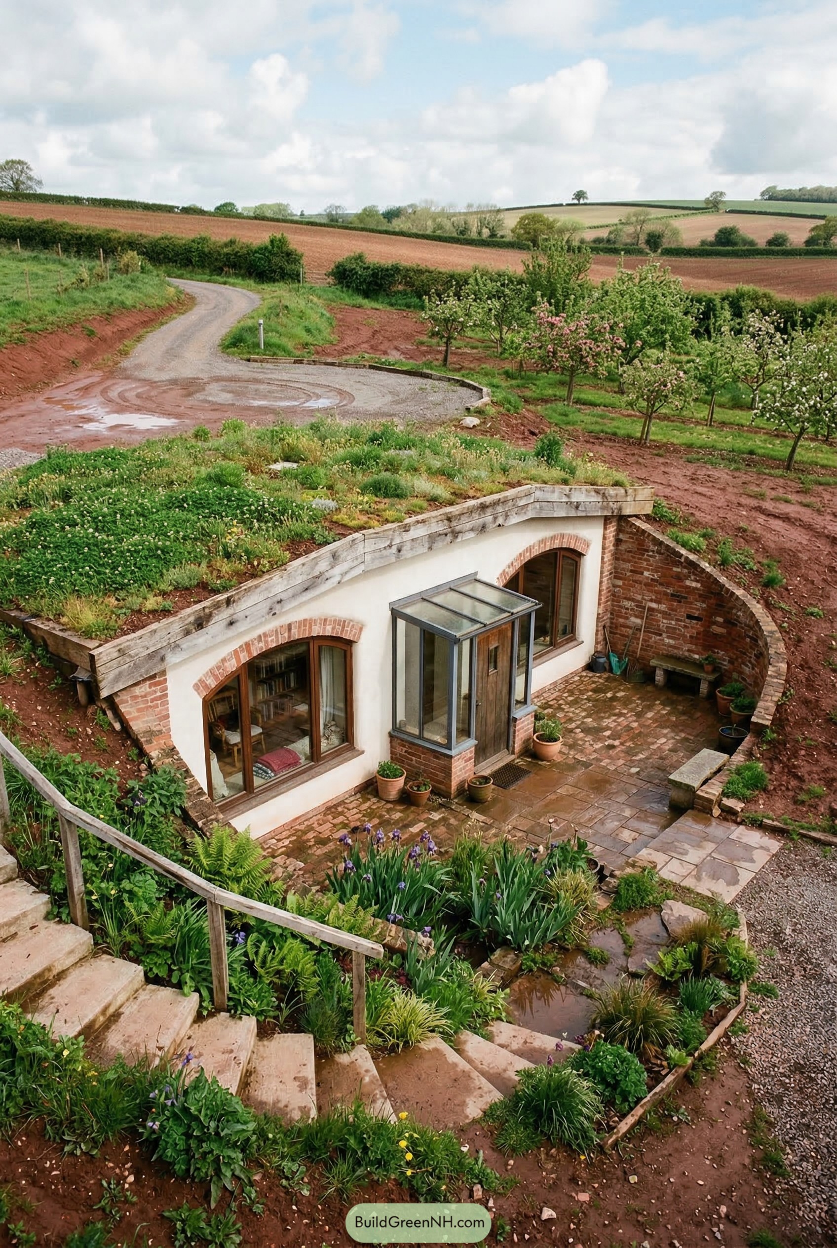 Earth sheltered cottage with a green roof and courtyard
