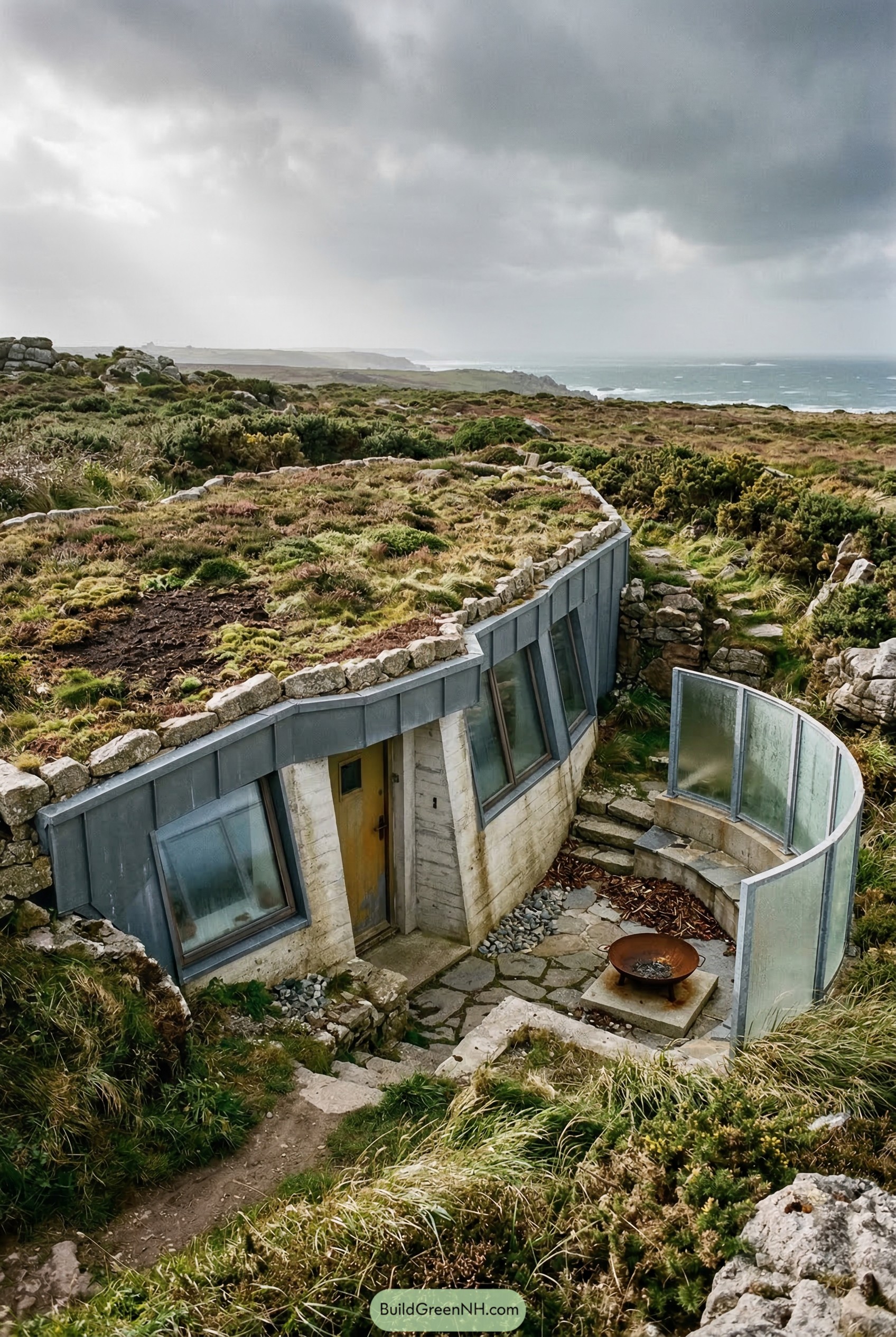 Earth sheltered coastal home with a turf roof and curved glass patio
