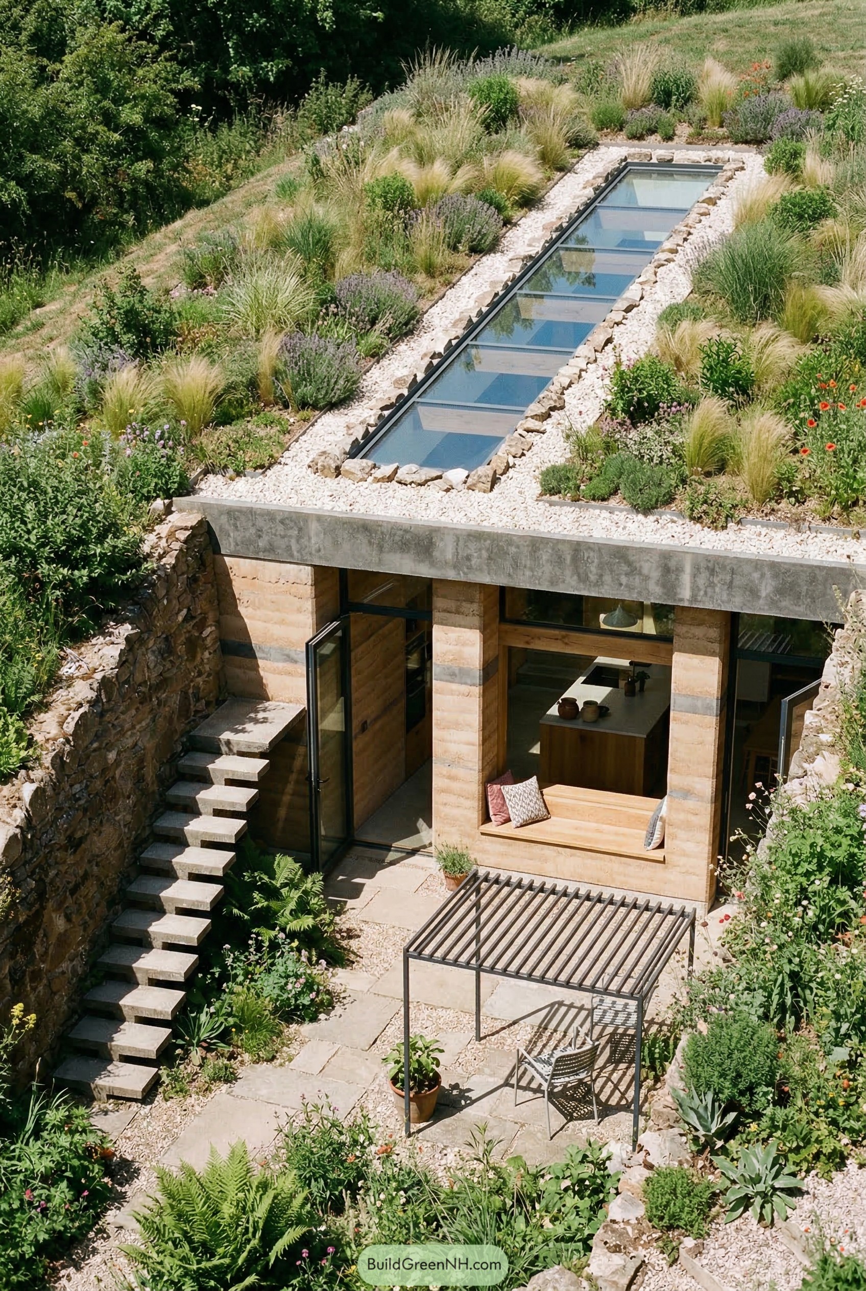 Sunken earth home with planted roof and long glazed roof slot