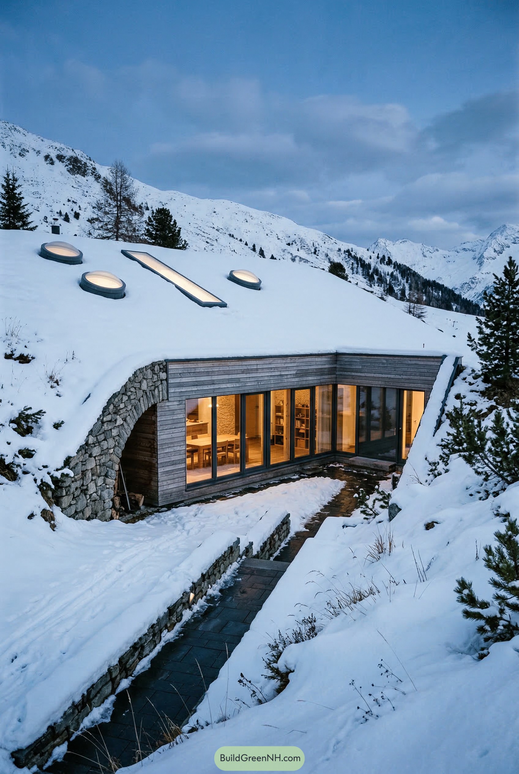 Snow covered earth sheltered house with skylights