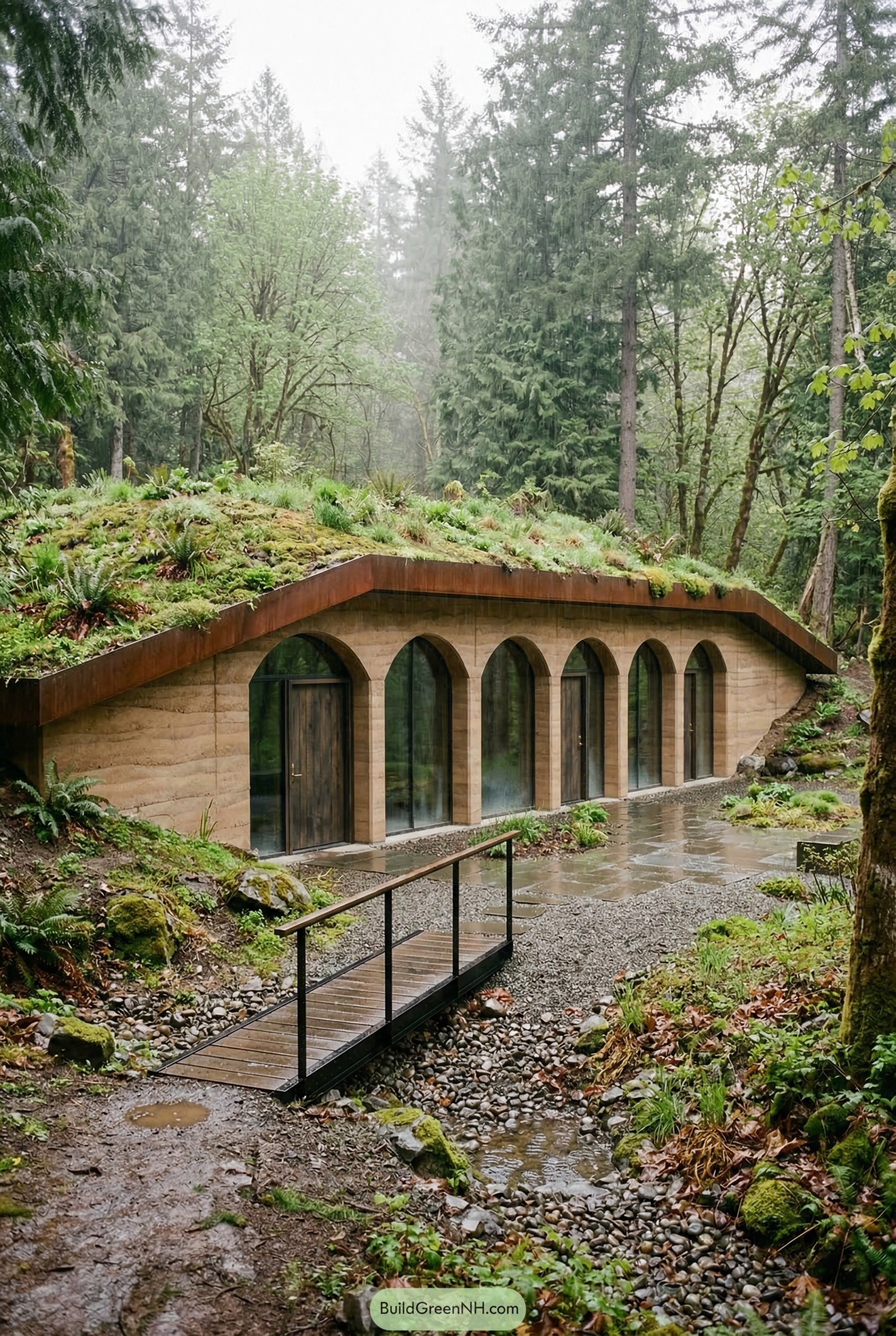Underground forest home with arched glass facade