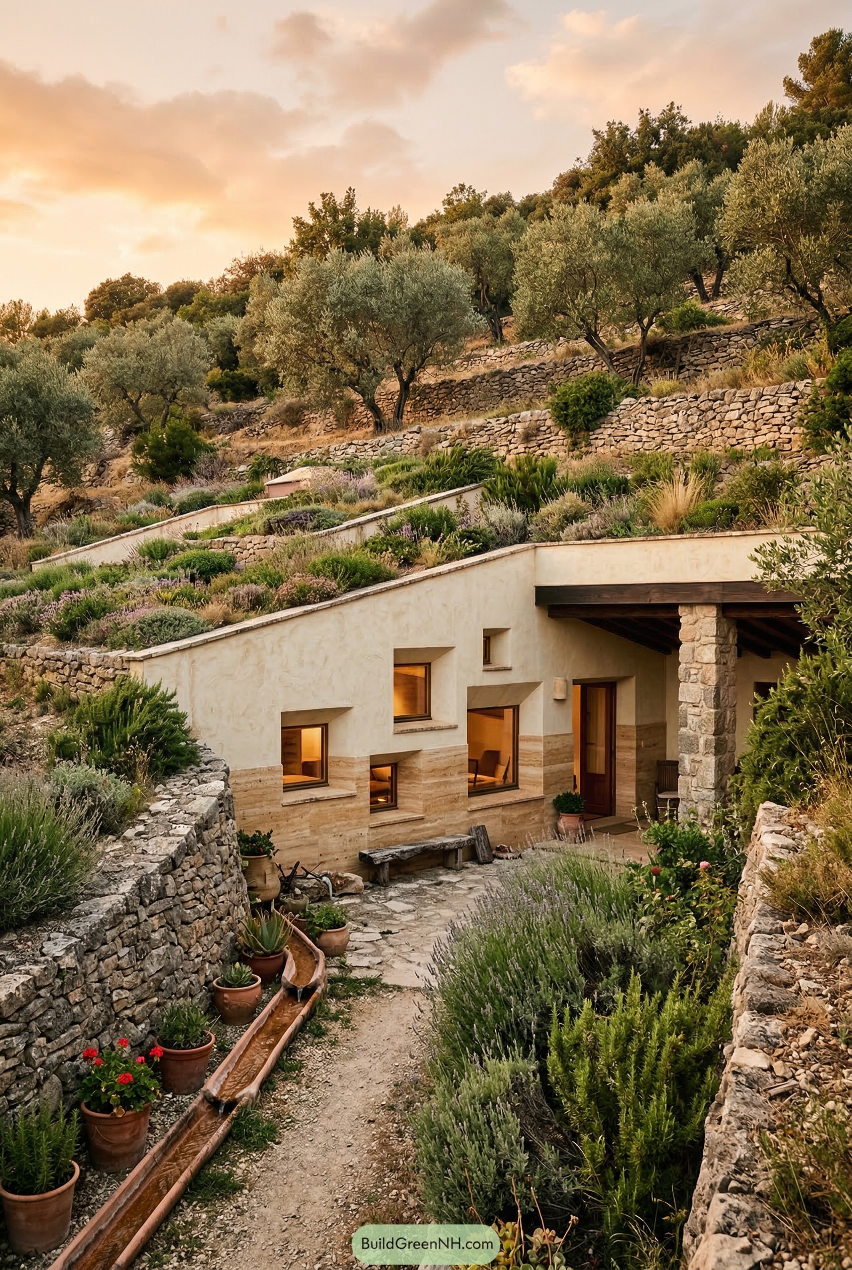 Sunken hillside house beneath terraced olive grove