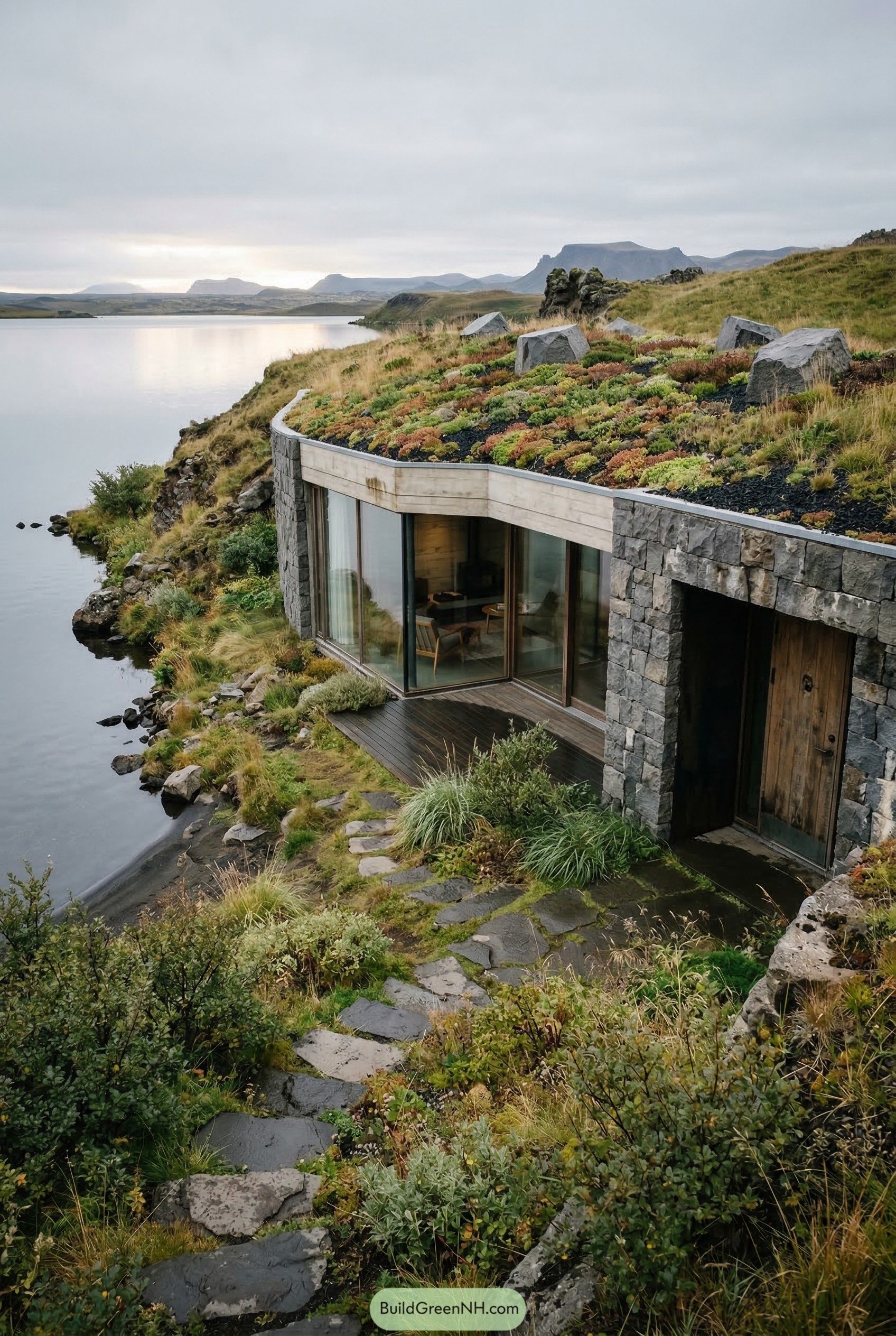 Earth sheltered stone house with a planted roof beside a lake